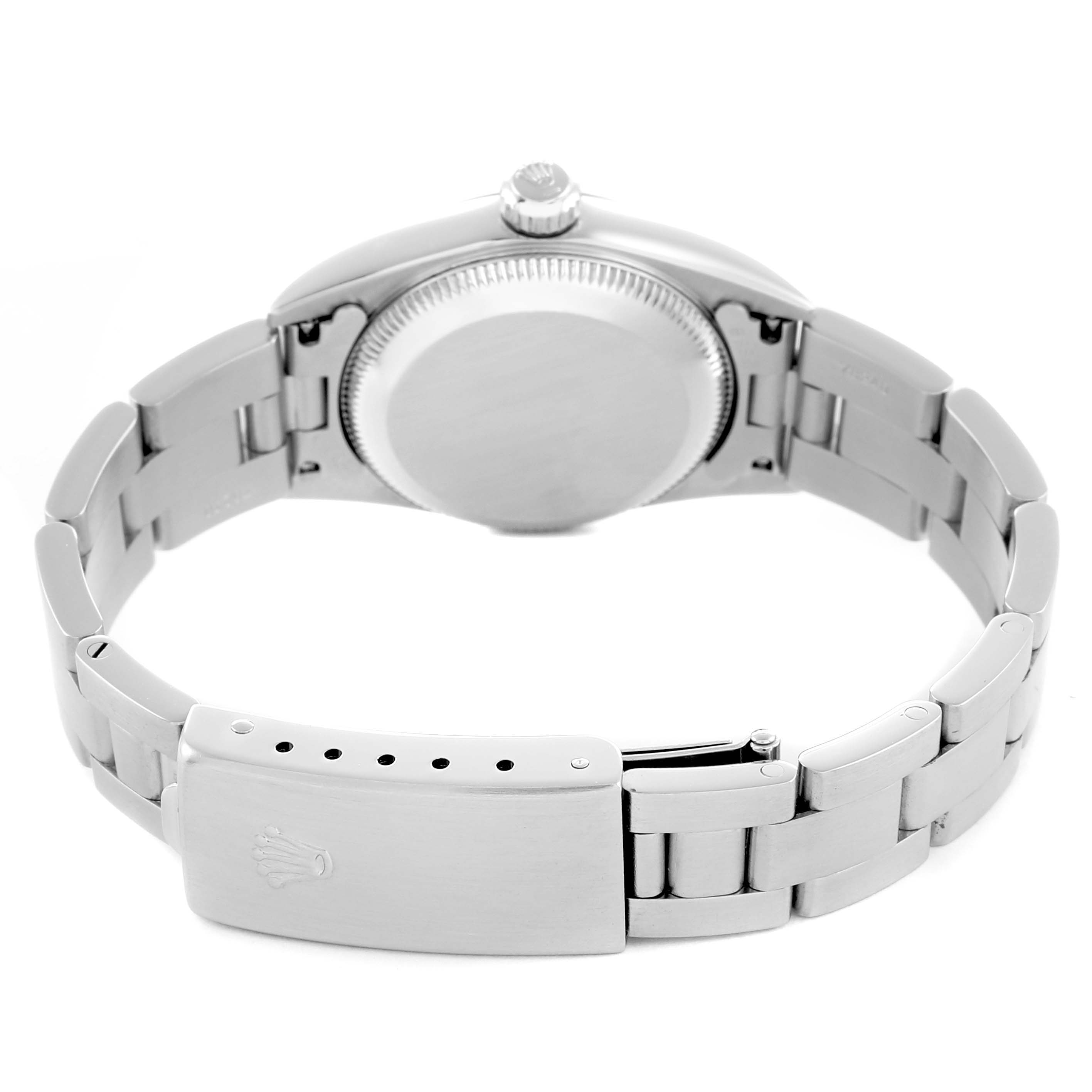 The image shows the Rolex Oyster Perpetual 76080 Women
s Stainless Steel Silver Dial watch from the back, highlighting the case back and bracelet clasp.