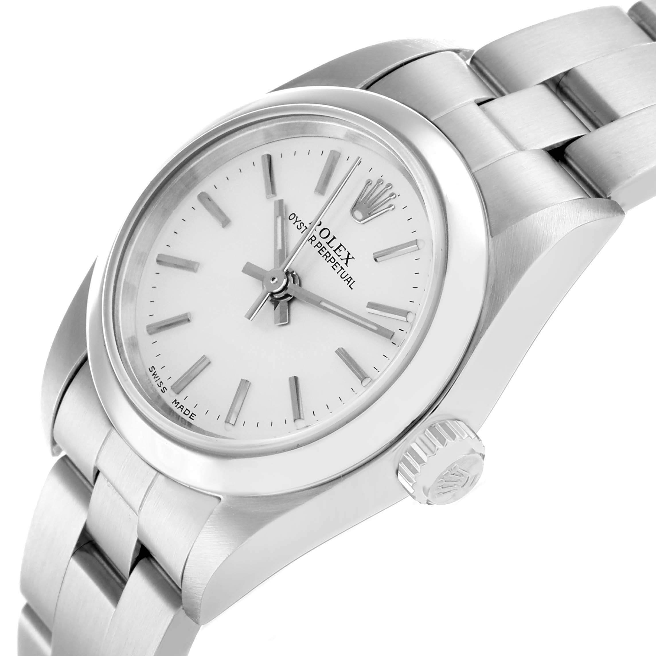 The Rolex Oyster Perpetual 76080 Women
s Stainless Steel Silver Dial watch is shown at an angled view, highlighting the dial, bezel, bracelet, and crown.