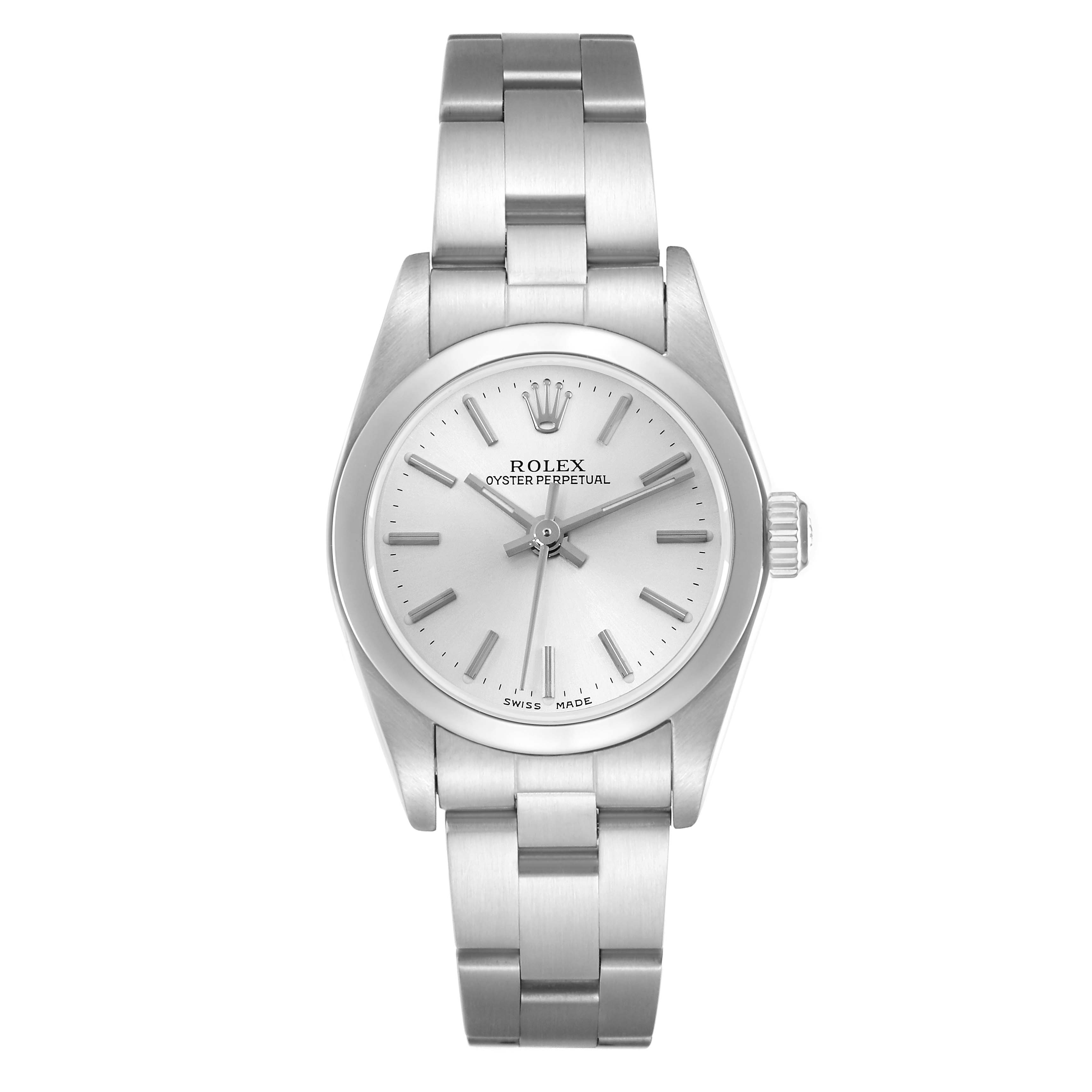 The Rolex Oyster Perpetual 76080 Women
s Stainless Steel Silver Dial is shown front-facing, displaying the dial, hour markers, bracelet, and crown.