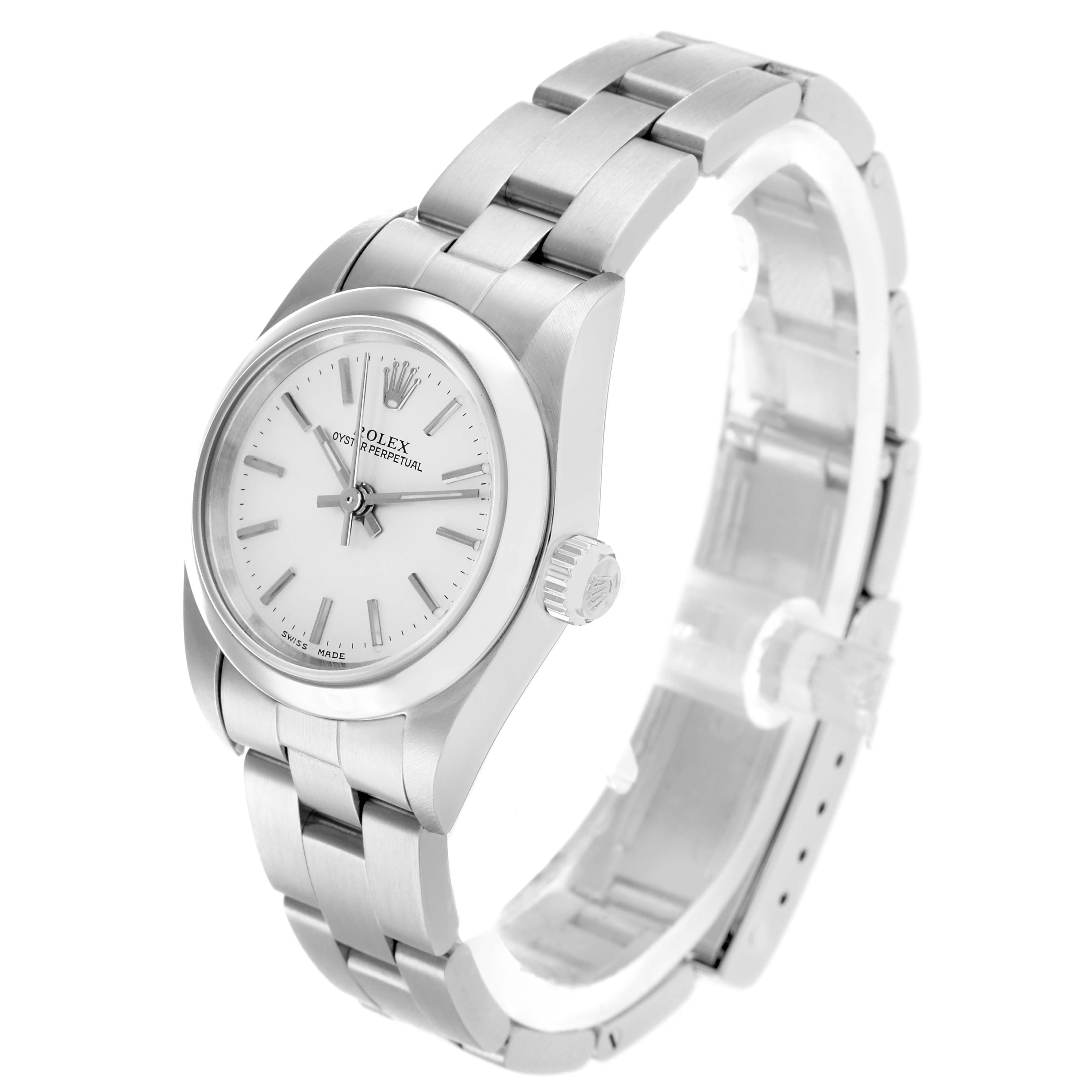 The Rolex Oyster Perpetual 76080 Women
s Stainless Steel Silver Dial watch is shown in a three-quarter view, displaying the face, crown, and part of the bracelet.