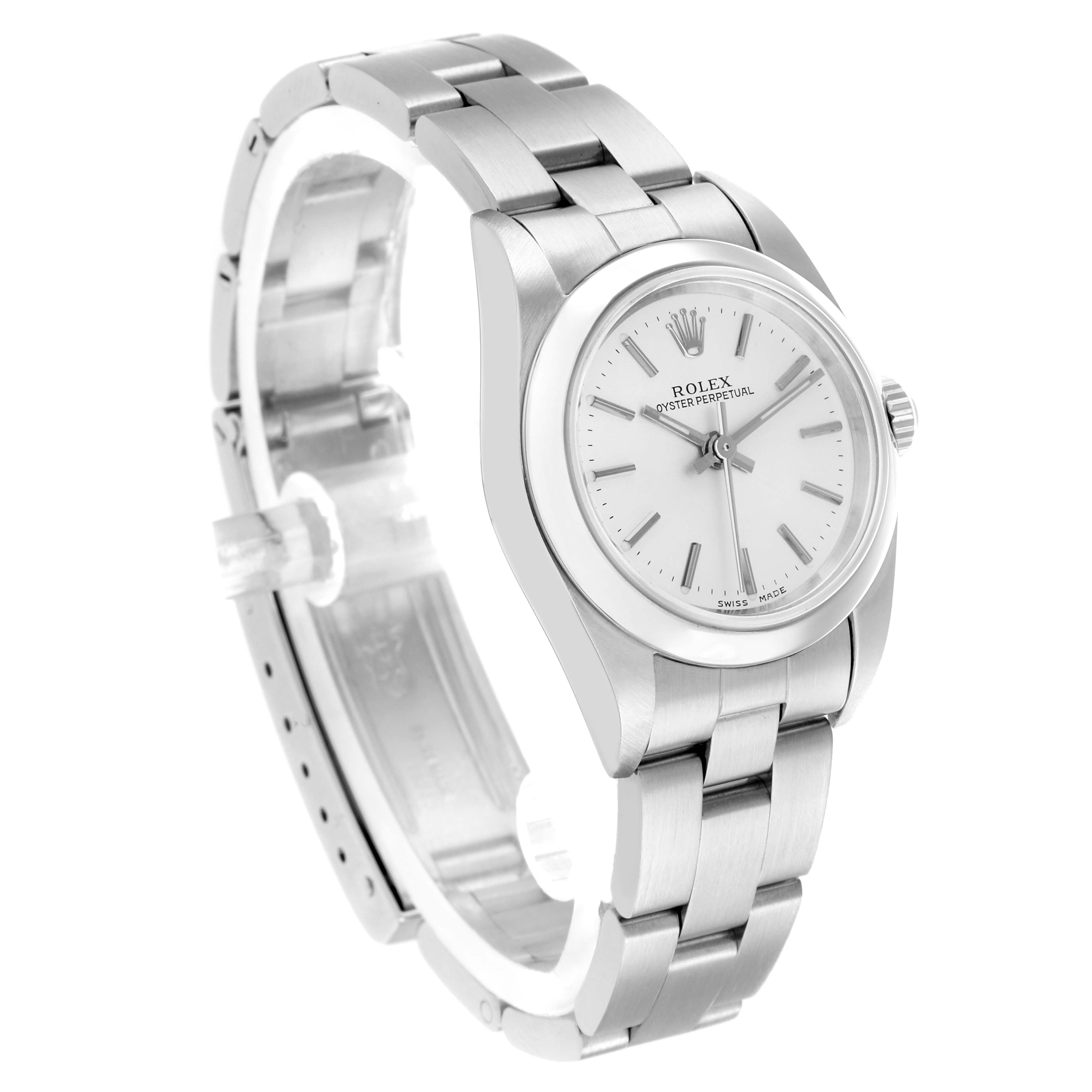 The Rolex Oyster Perpetual 76080 Women
s Stainless Steel Silver Dial watch is shown at a three-quarter angle, displaying the dial, bracelet, and part of the clasp.
