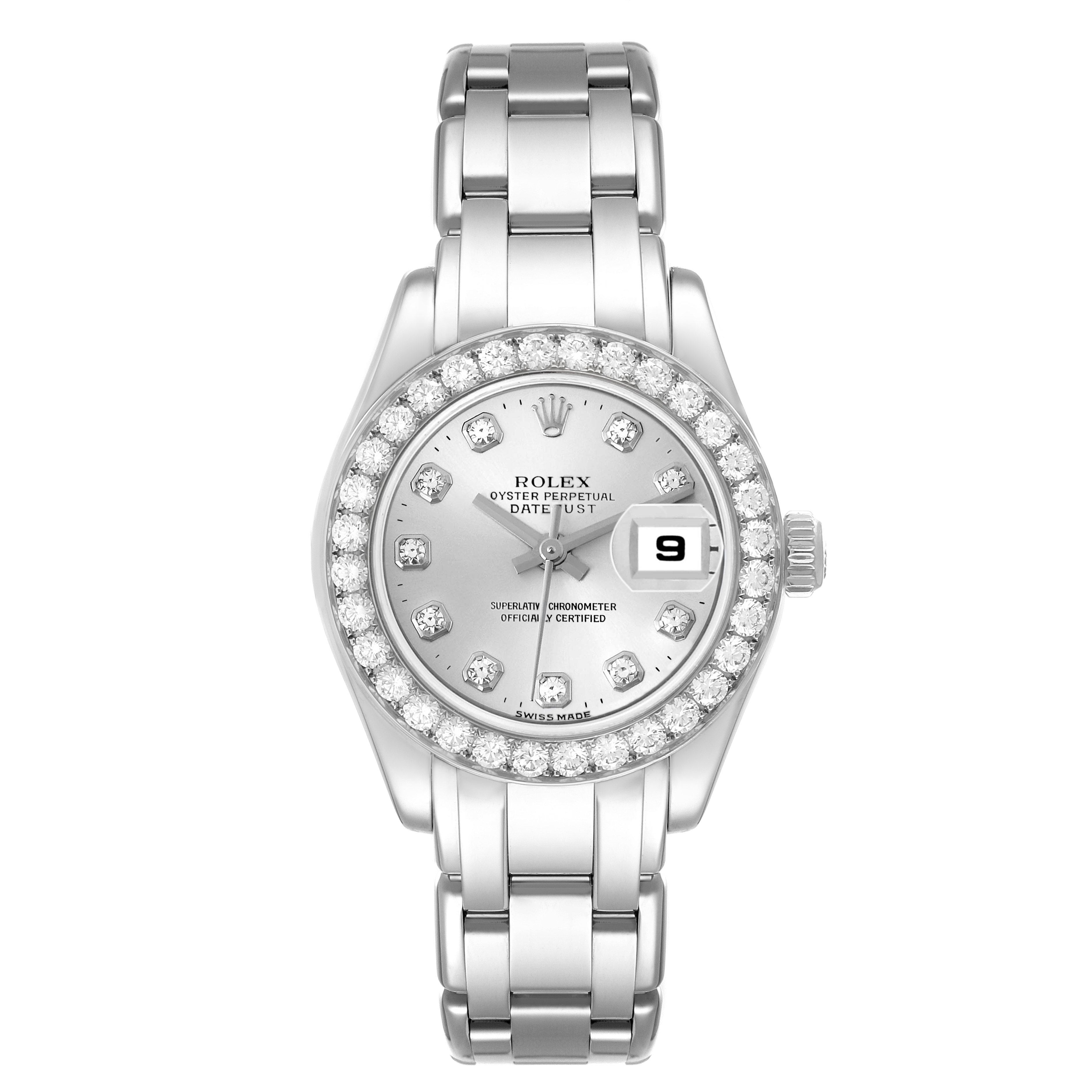 The Rolex Pearlmaster 80299 Women's White Gold Silver Dial watch is shown from a top view, highlighting the diamond bezel, dial, and bracelet.