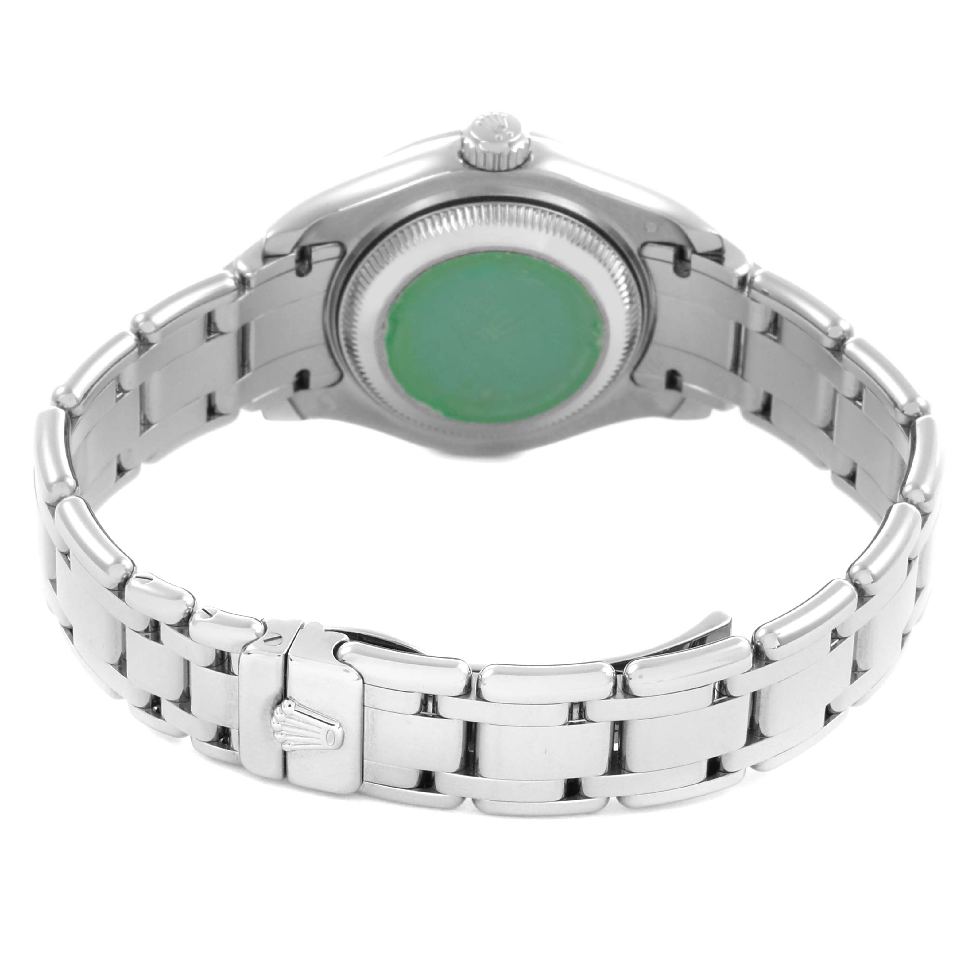 The Rolex Pearlmaster 80299 Women's White Gold Silver Dial watch is shown from the back, highlighting the bracelet, clasp, and case back.