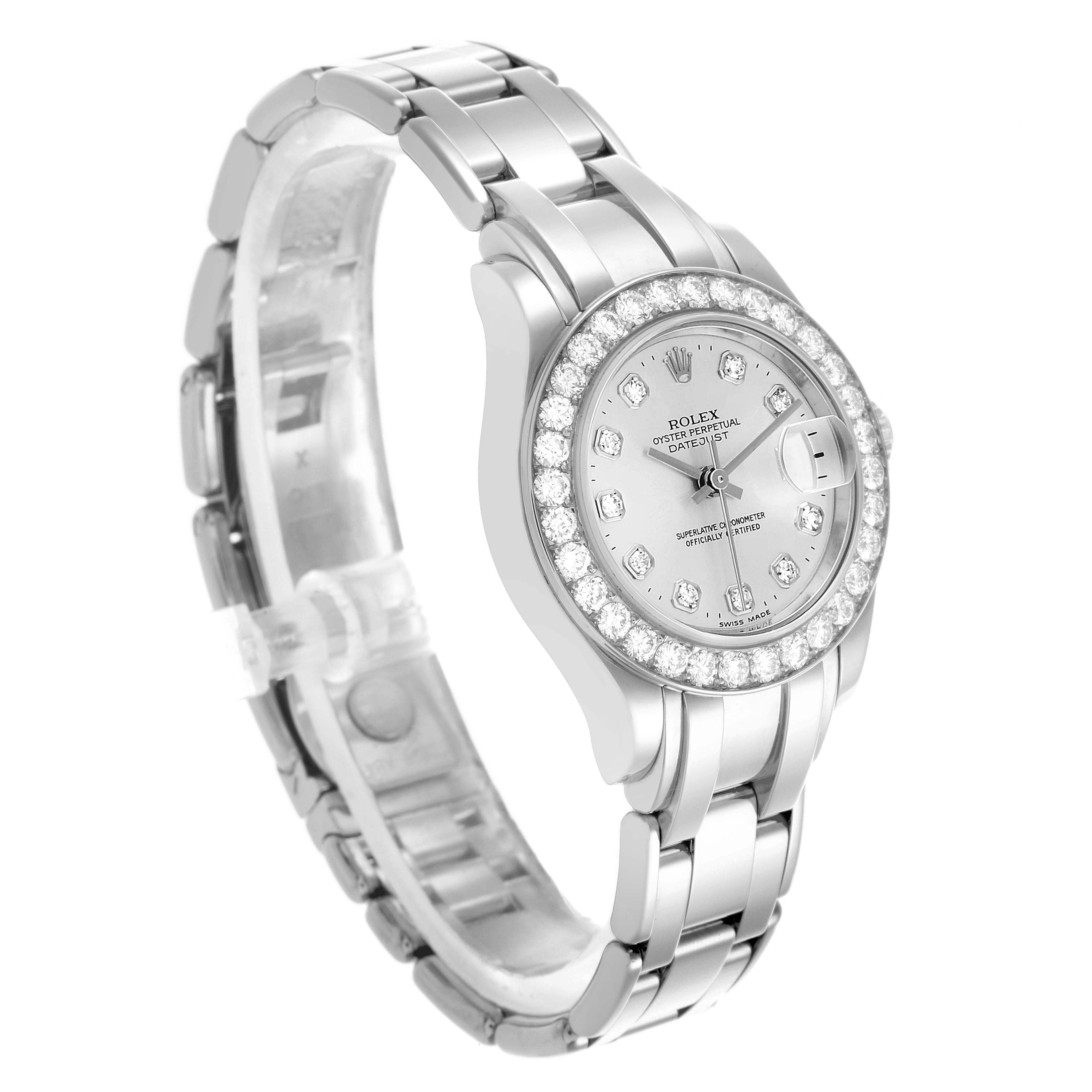 The Rolex Pearlmaster 80299 Women's White Gold Silver Dial watch is shown at a slight angle, displaying its face, diamond bezel, and bracelet.