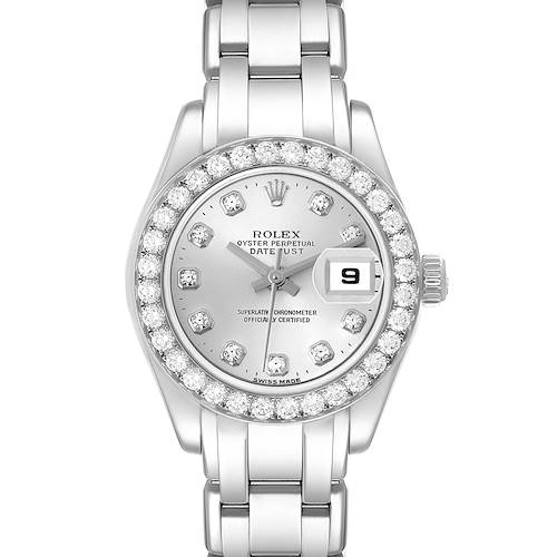 The Rolex Pearlmaster 80299 Women's White Gold Silver Dial watch is shown from the front, displaying the face, bezel, and part of the bracelet.