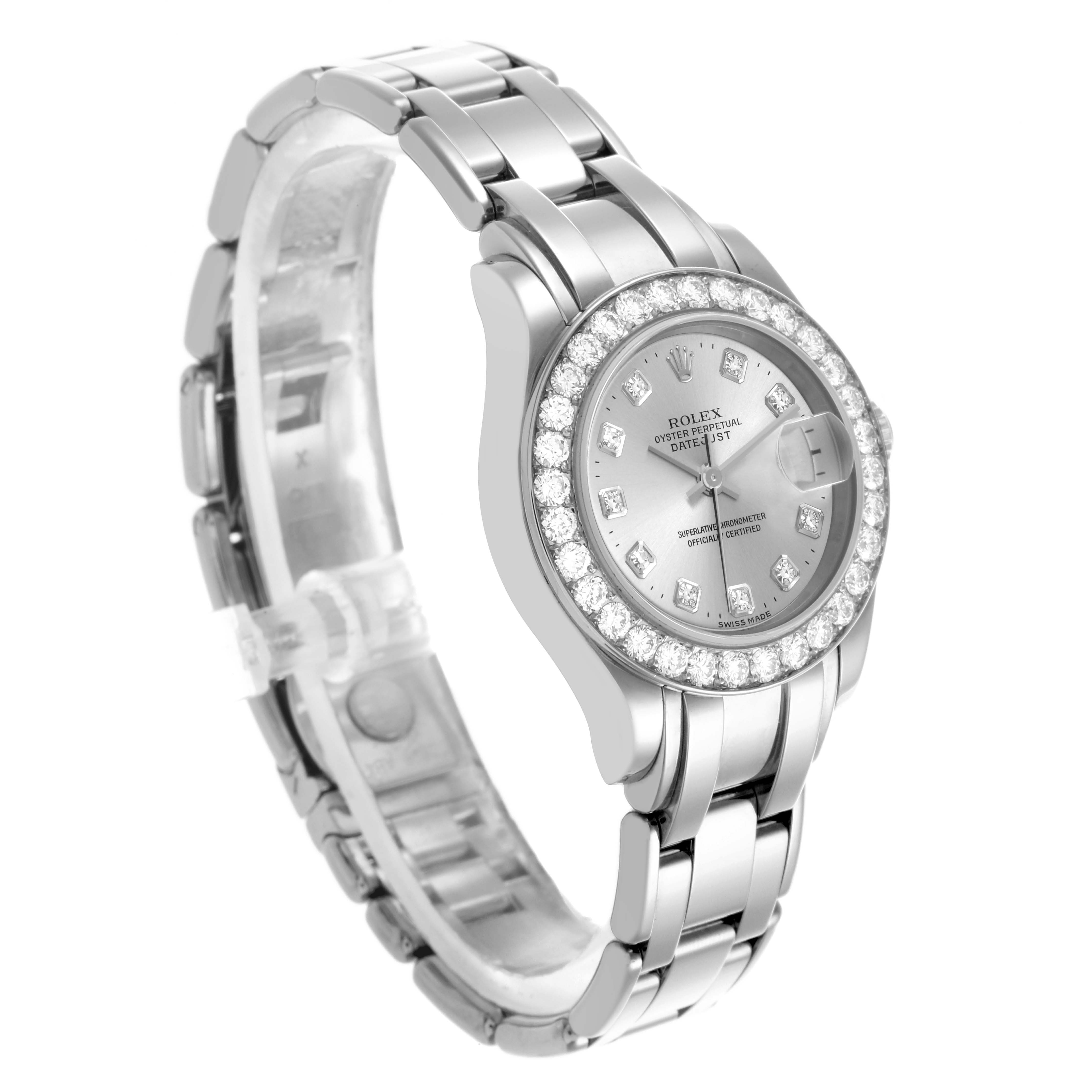 The Rolex Pearlmaster 80299 Women's White Gold Silver Dial 80299 Women's White Gold Silver Dial watch is shown at a three-quarter angle, highlighting the bezel, dial, and bracelet.