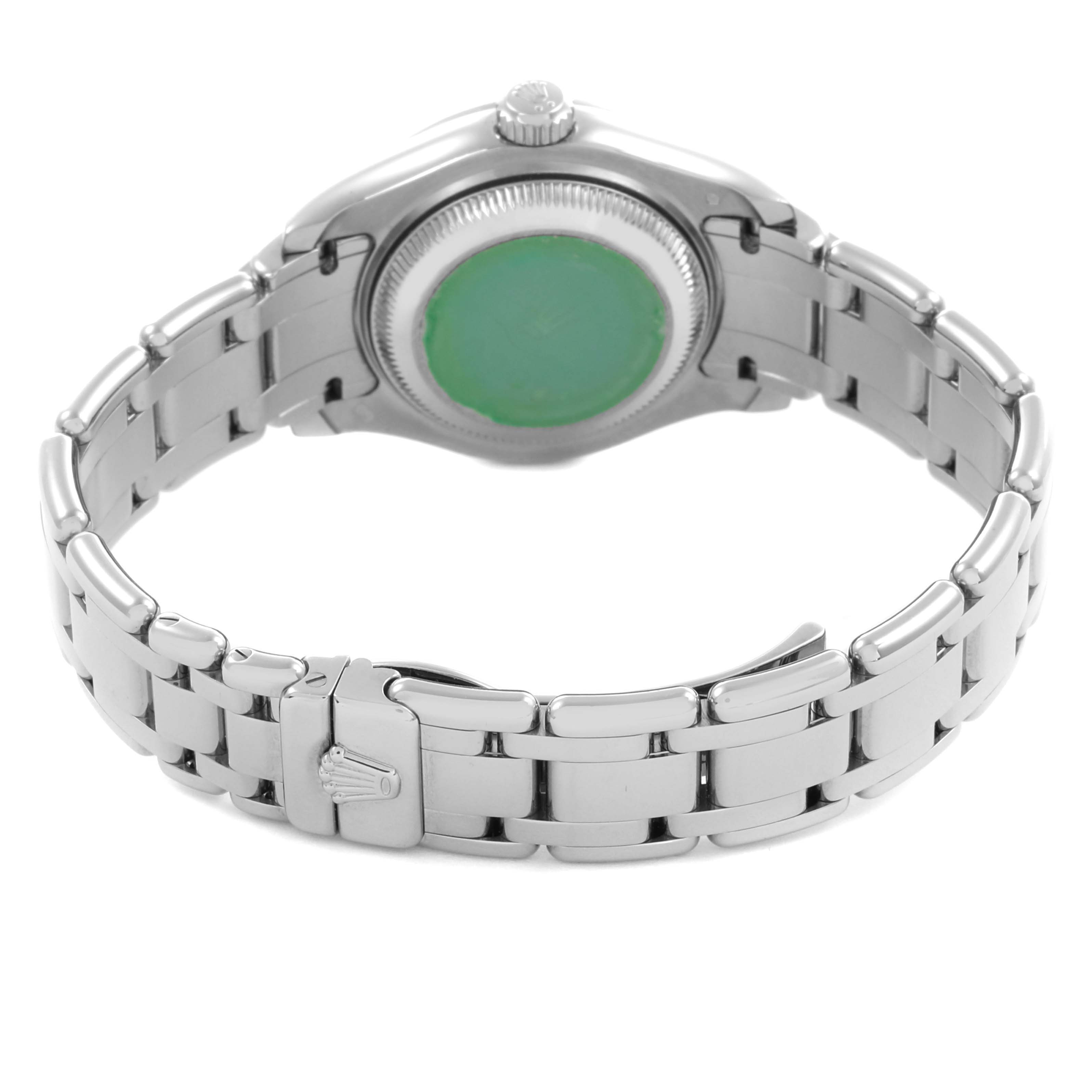 The image shows the back view of the Rolex Pearlmaster 80299 Women's White Gold Silver Dial 80299 Women's White Gold Silver Dial watch, highlighting its clasp and bracelet.