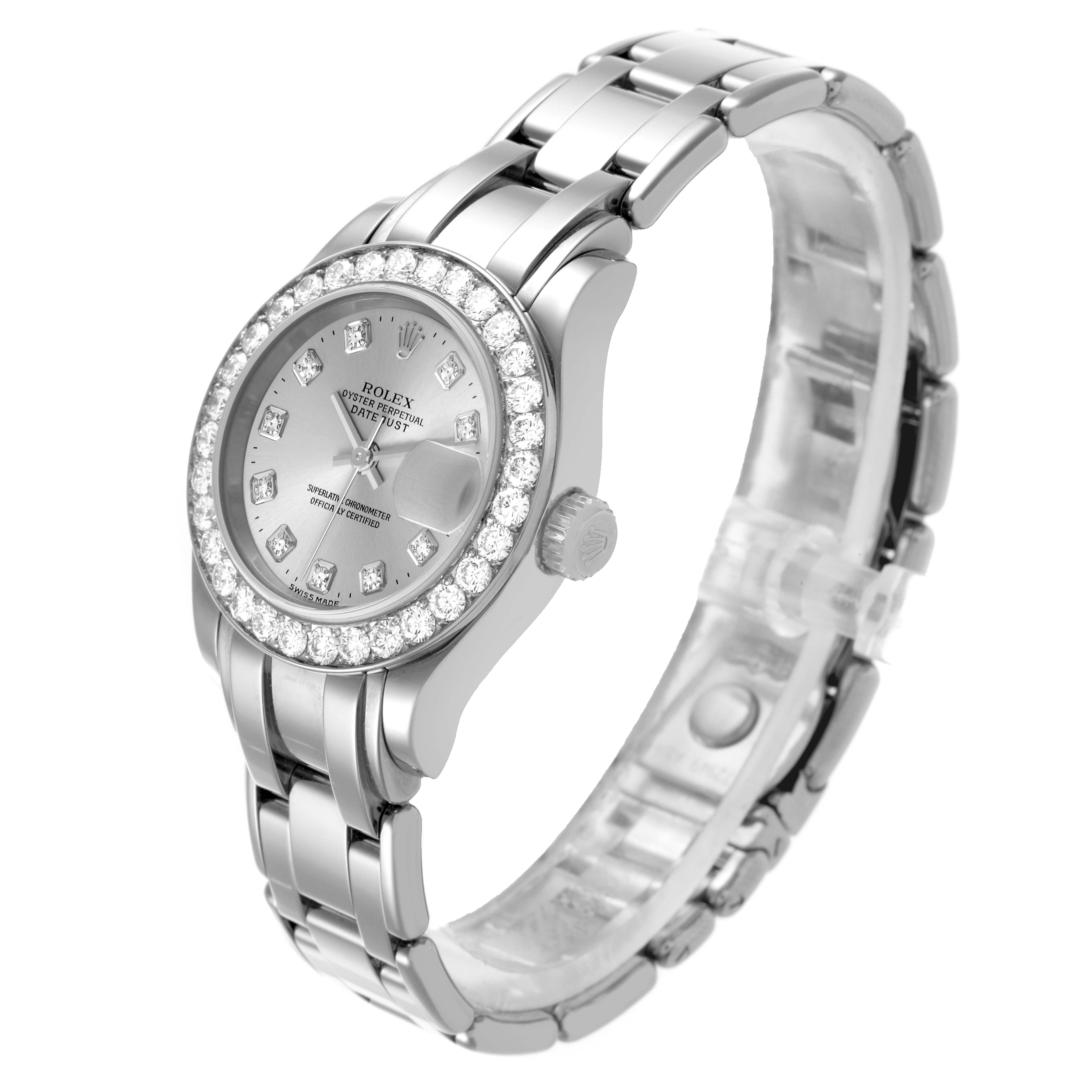 The Rolex Pearlmaster 80299 Women's White Gold Silver Dial 80299 Women's White Gold Silver Dial watch is shown at an angled side view, featuring the face, bezel, and part of the bracelet.