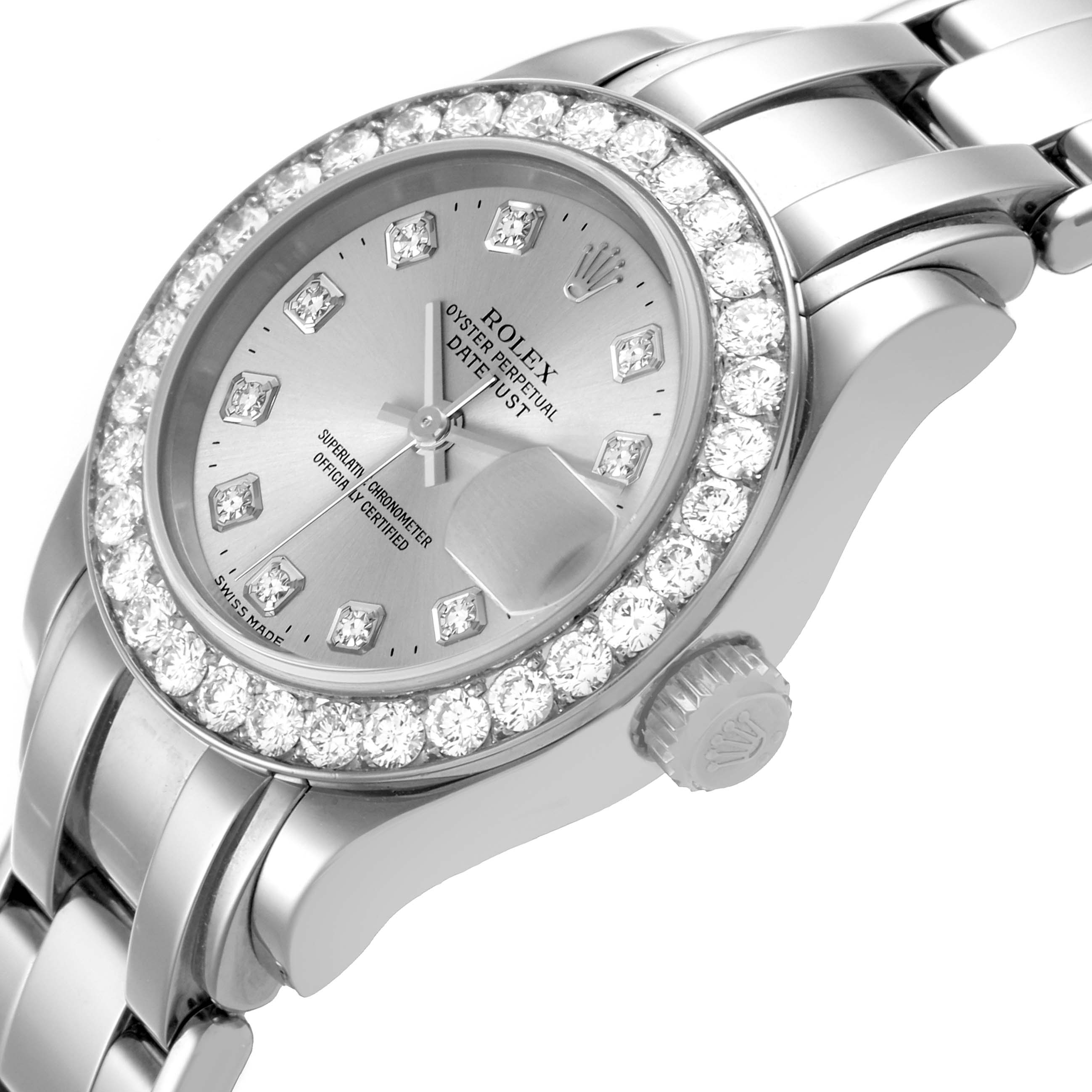 The Rolex Pearlmaster 80299 Women's White Gold Silver Dial 80299 Women's White Gold Silver Dial watch is shown at an angle highlighting the diamond bezel, dial, and partial bracelet.