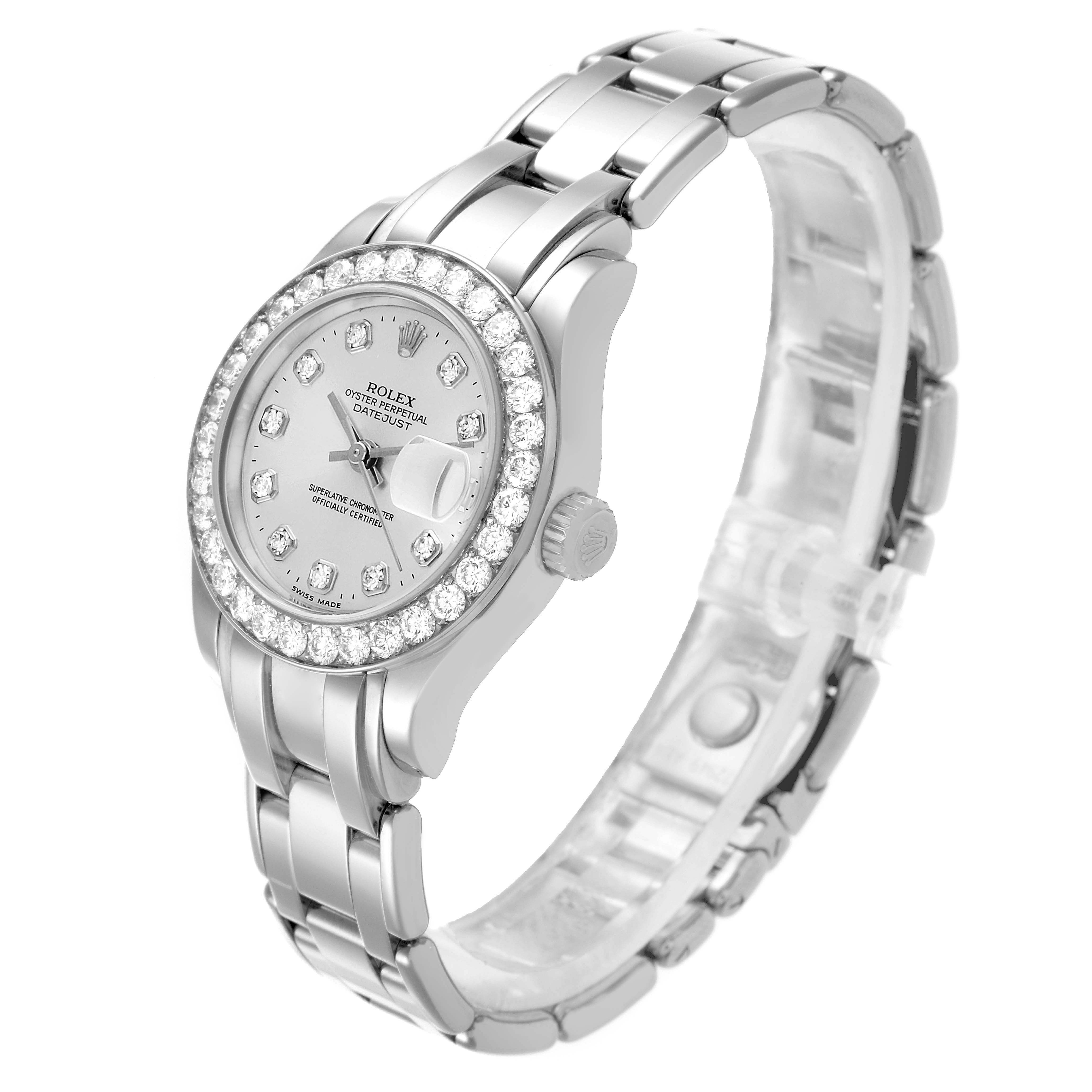 The Rolex Pearlmaster 80299 Women's White Gold Silver Dial watch is shown at a three-quarter angle, highlighting the dial, bezel, and bracelet.