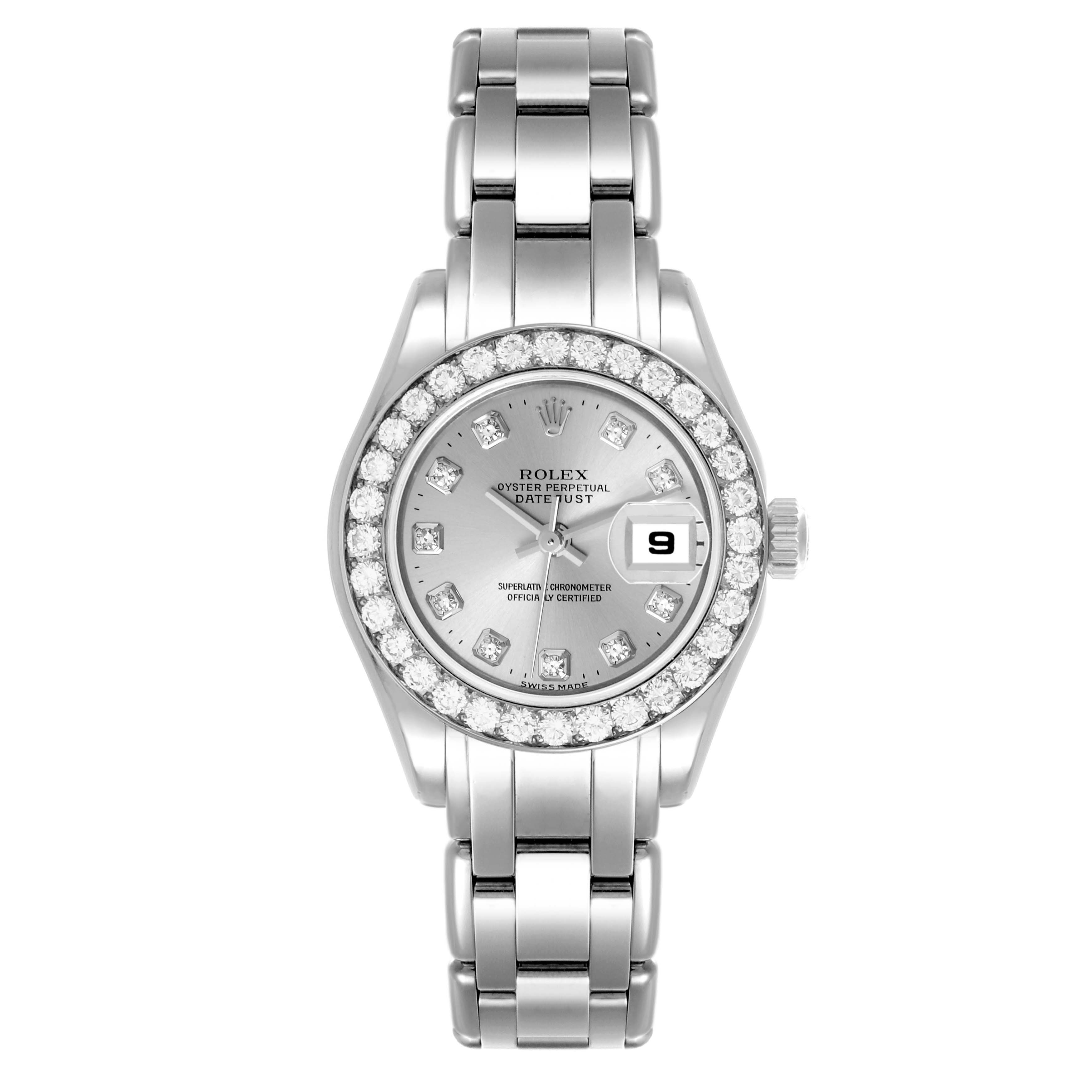 The Rolex Pearlmaster 80299 Women's White Gold Silver Dial 80299 Women's White Gold Silver Dial watch is shown from a top view, displaying the face, bezel, and bracelet.