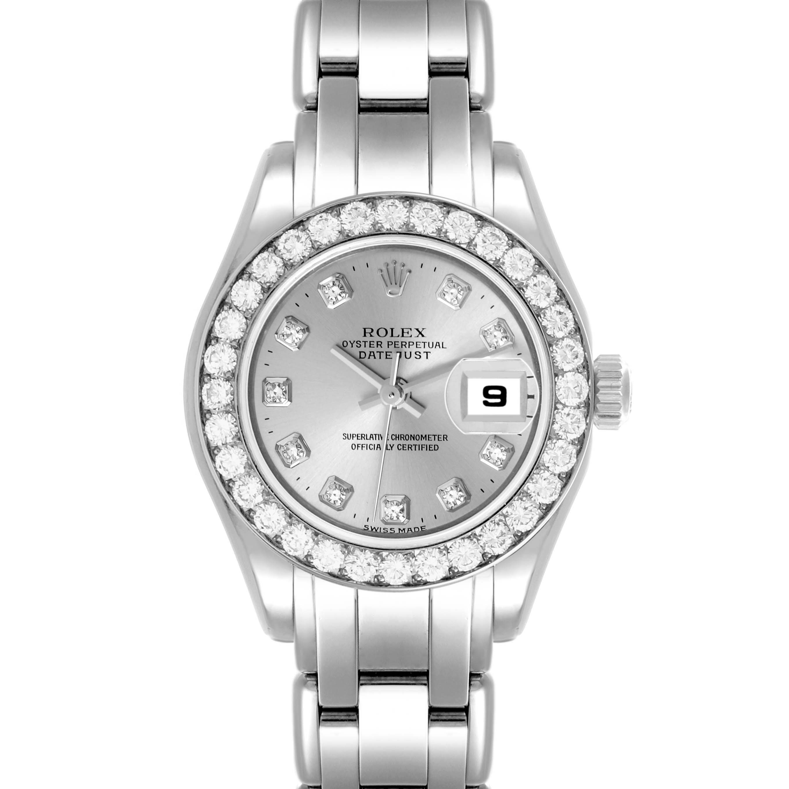 The Rolex Pearlmaster 80299 Women's White Gold Silver Dial 80299 Women's White Gold Silver Dial watch is shown from a front angle, displaying the face, bezel, and part of the bracelet.