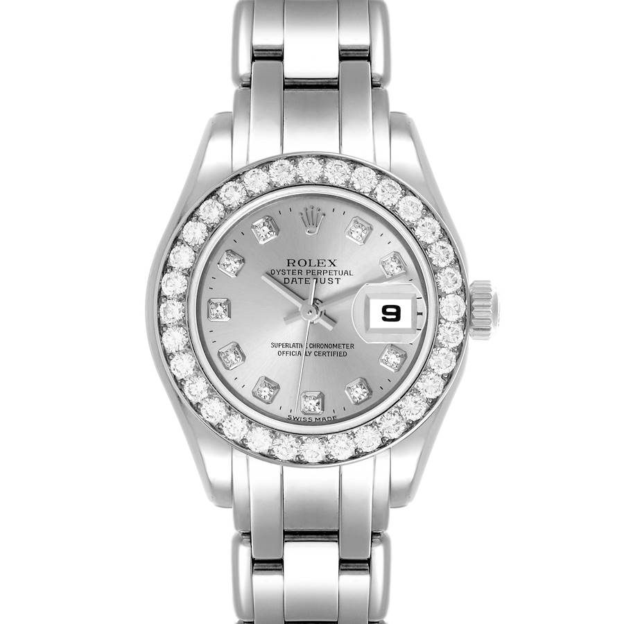 The Rolex Pearlmaster watch is shown from a front angle, displaying the face, bezel, and part of the bracelet.