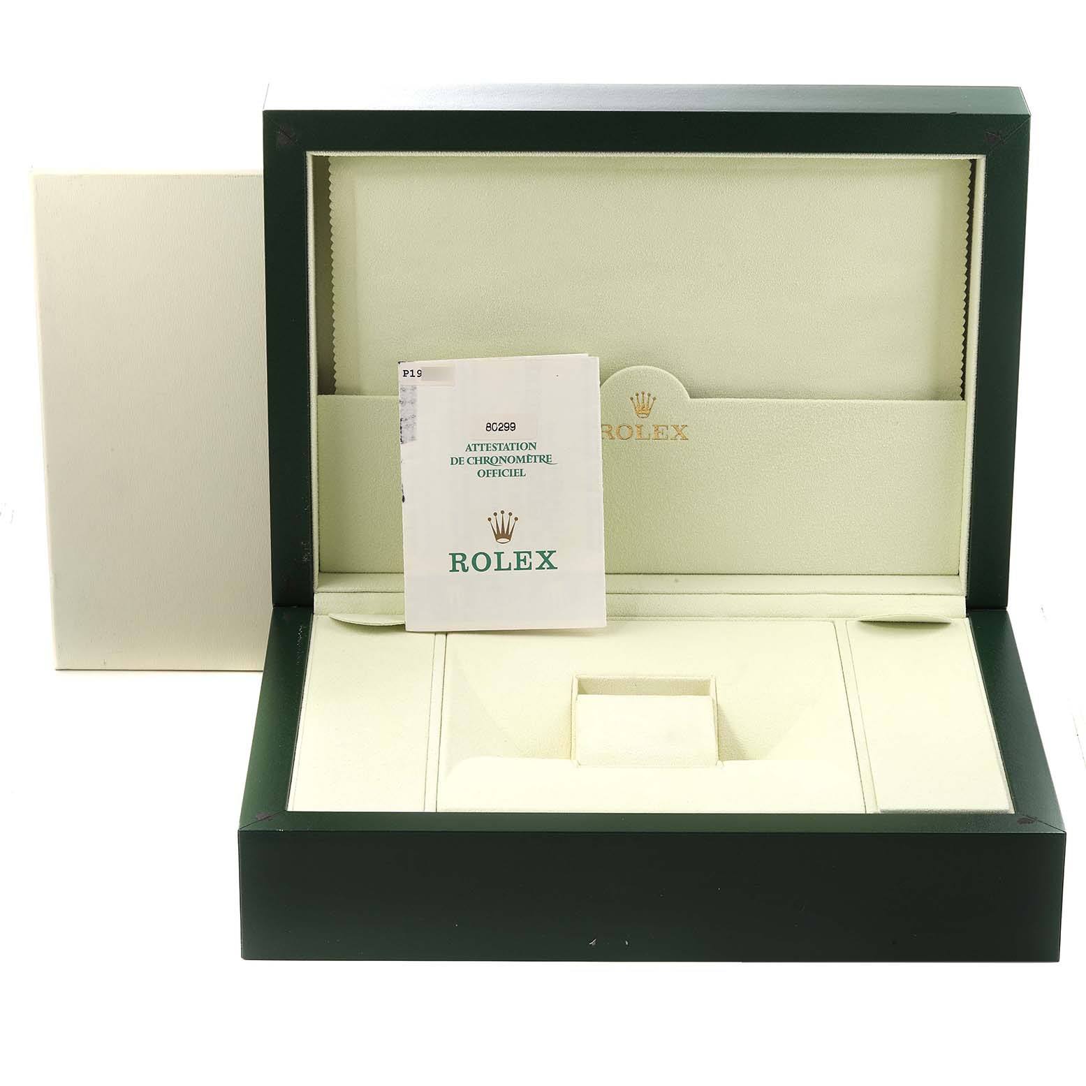 This image shows an open Rolex Pearlmaster 80299 Women's White Gold Blue Dial 80299 Women's White Gold Blue Dial watch box with the instruction manual and certificate inside.