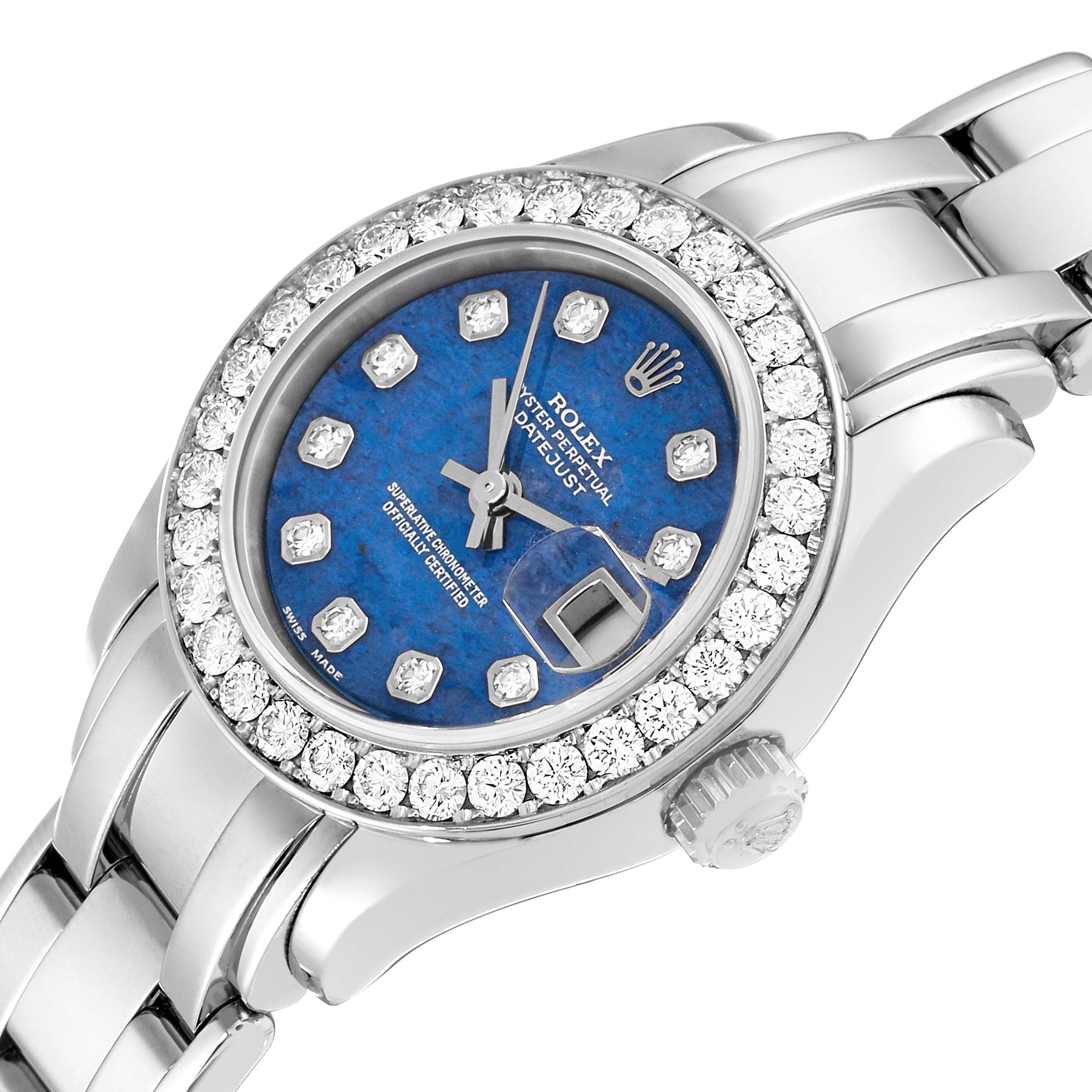 This image shows a close-up angle of a Rolex Pearlmaster 80299 Women's White Gold Blue Dial 80299 Women's White Gold Blue Dial watch, highlighting the blue dial and diamond-studded bezel.