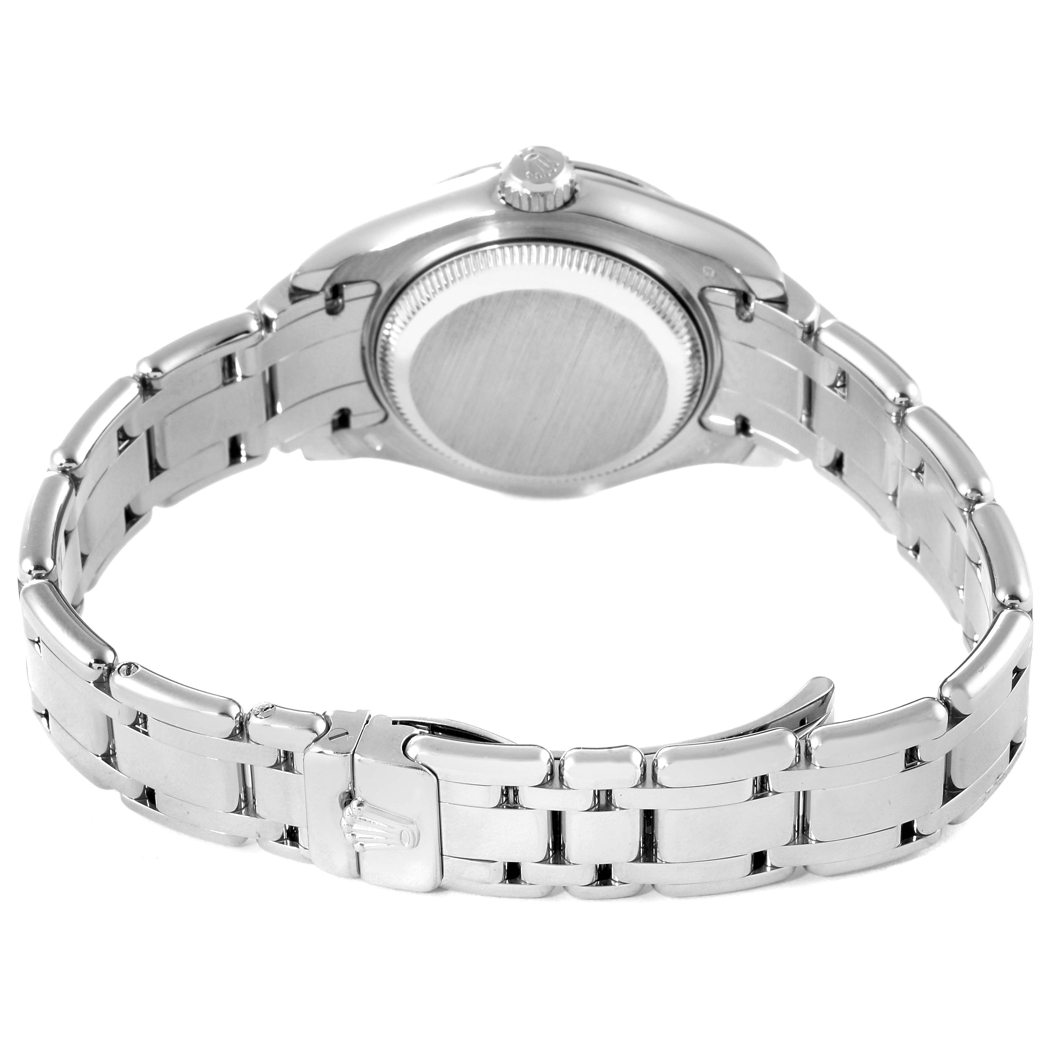 The image shows the back of a Rolex Pearlmaster 80299 Women's White Gold Blue Dial 80299 Women's White Gold Blue Dial watch, highlighting its clasp, bracelet, and case back.