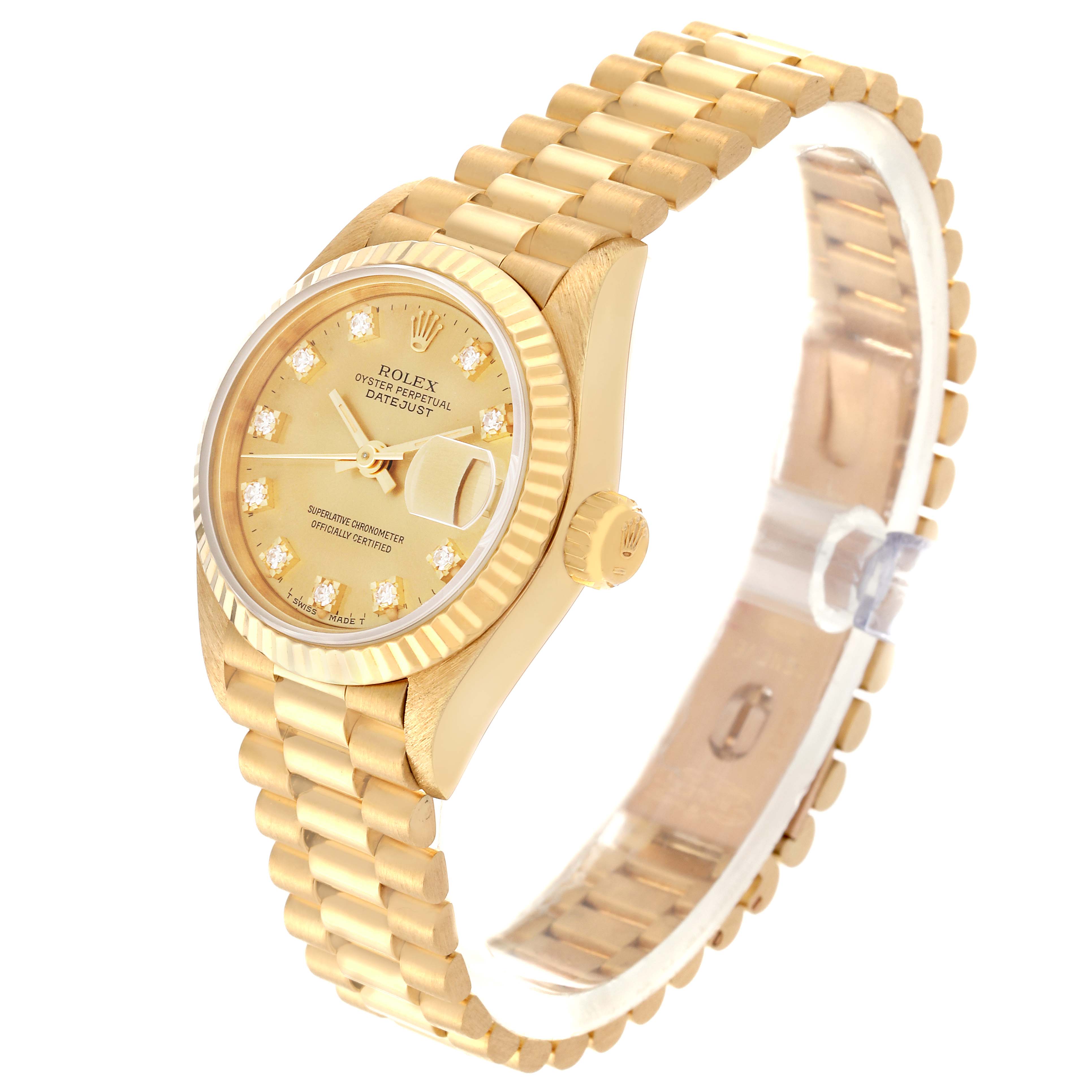 The image shows a Rolex President 69178 Women's Yellow Gold Champagne Dial 69178 Women's Yellow Gold Champagne Dial model watch at a three-quarter angle, highlighting the face, crown, and bracelet.