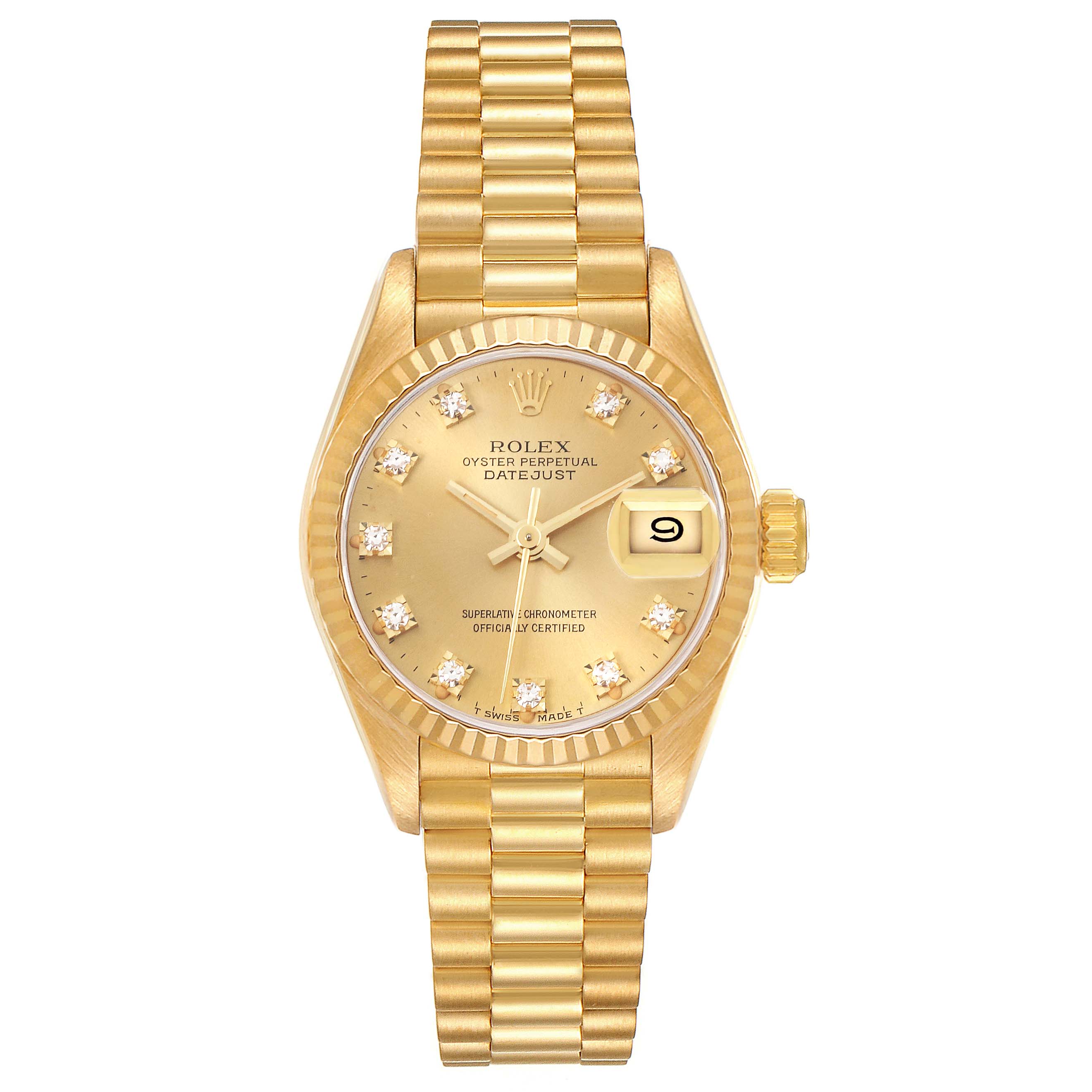The image shows a Rolex President 69178 Women's Yellow Gold Champagne Dial 69178 Women's Yellow Gold Champagne Dial model watch with a gold-colored dial, numeral markers, and a date display at 3 o'clock.
