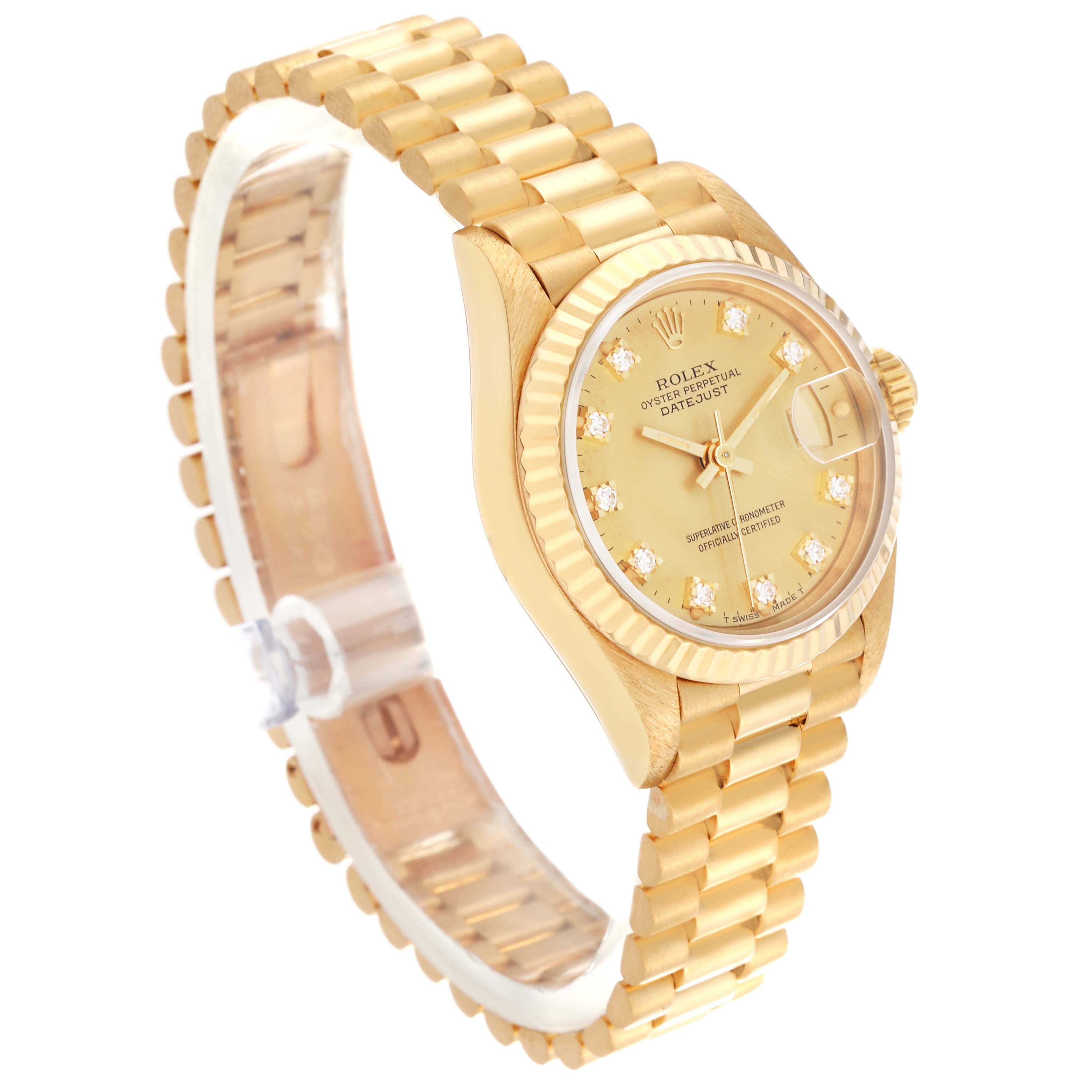 The Rolex President 69178 Women's Yellow Gold Champagne Dial 69178 Women's Yellow Gold Champagne Dial model watch is shown at an angled side view, displaying the gold dial, bezel, and bracelet.
