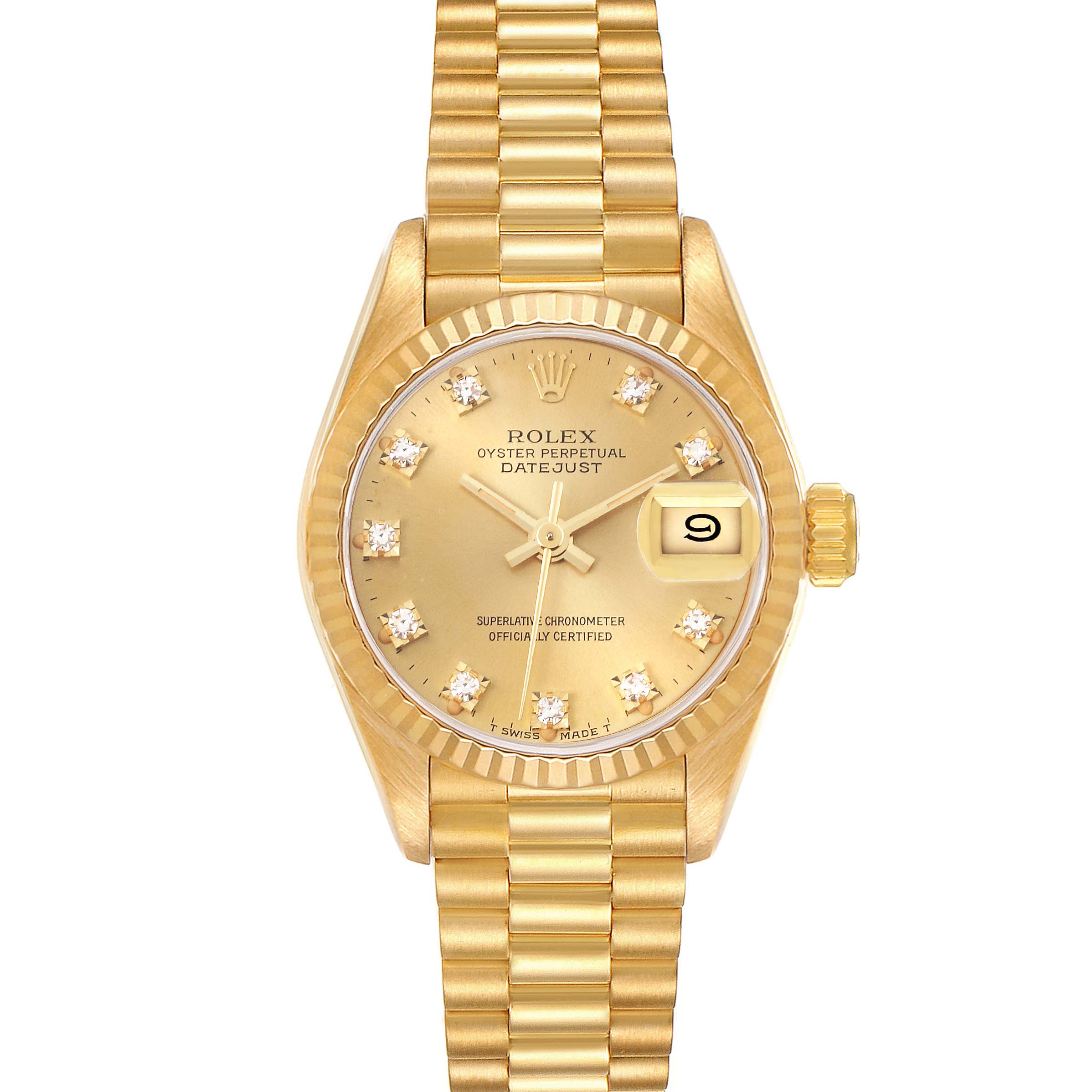 This image shows a front view of a Rolex President 69178 Women's Yellow Gold Champagne Dial 69178 Women's Yellow Gold Champagne Dial model, highlighting the gold dial, diamond hour markers, and date window.