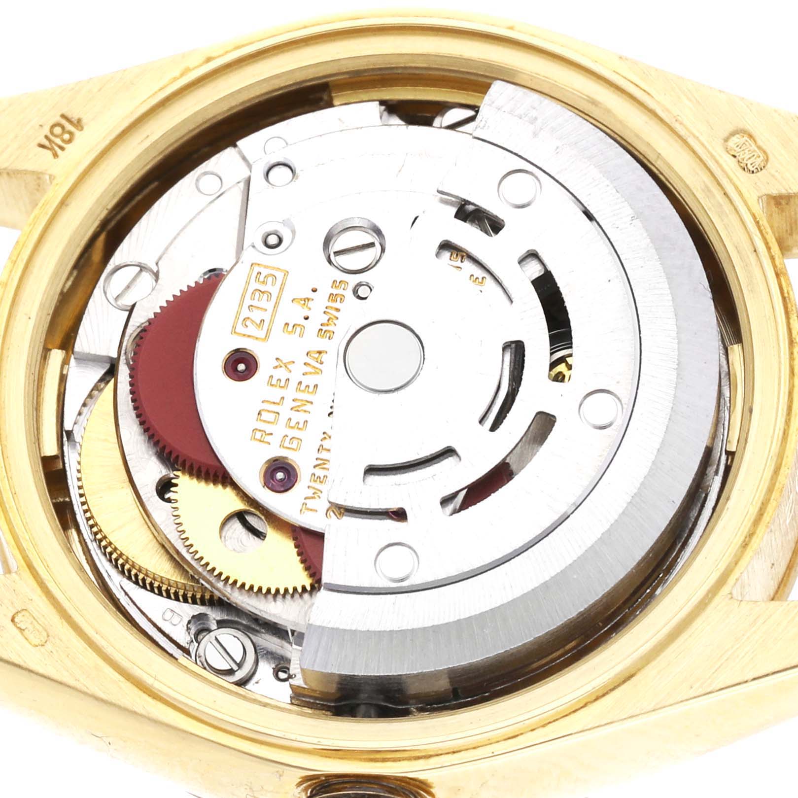 The image shows the internal mechanism and parts of a Rolex President 69178 Women's Yellow Gold Champagne Dial 69178 Women's Yellow Gold Champagne Dial model watch viewed from the back case.