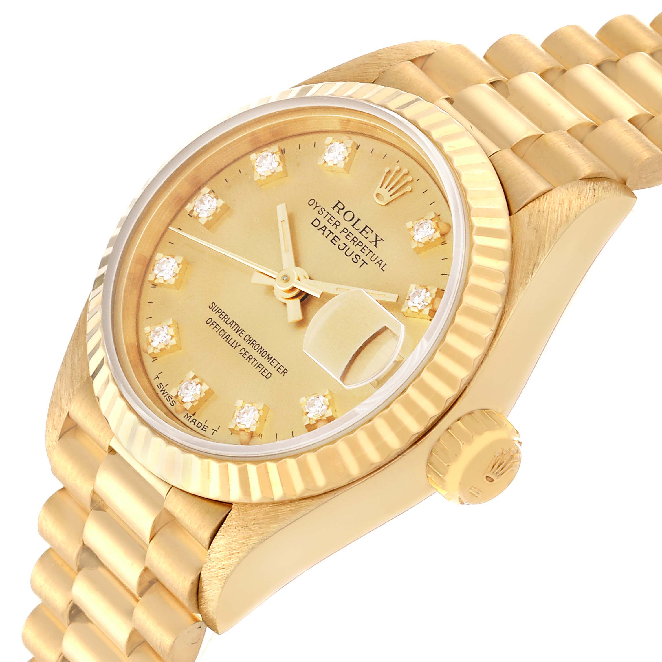 The image shows a side angle of the Rolex President 69178 Women's Yellow Gold Champagne Dial 69178 Women's Yellow Gold Champagne Dial model watch, highlighting its gold case, bracelet, and dial with diamond hour markers.