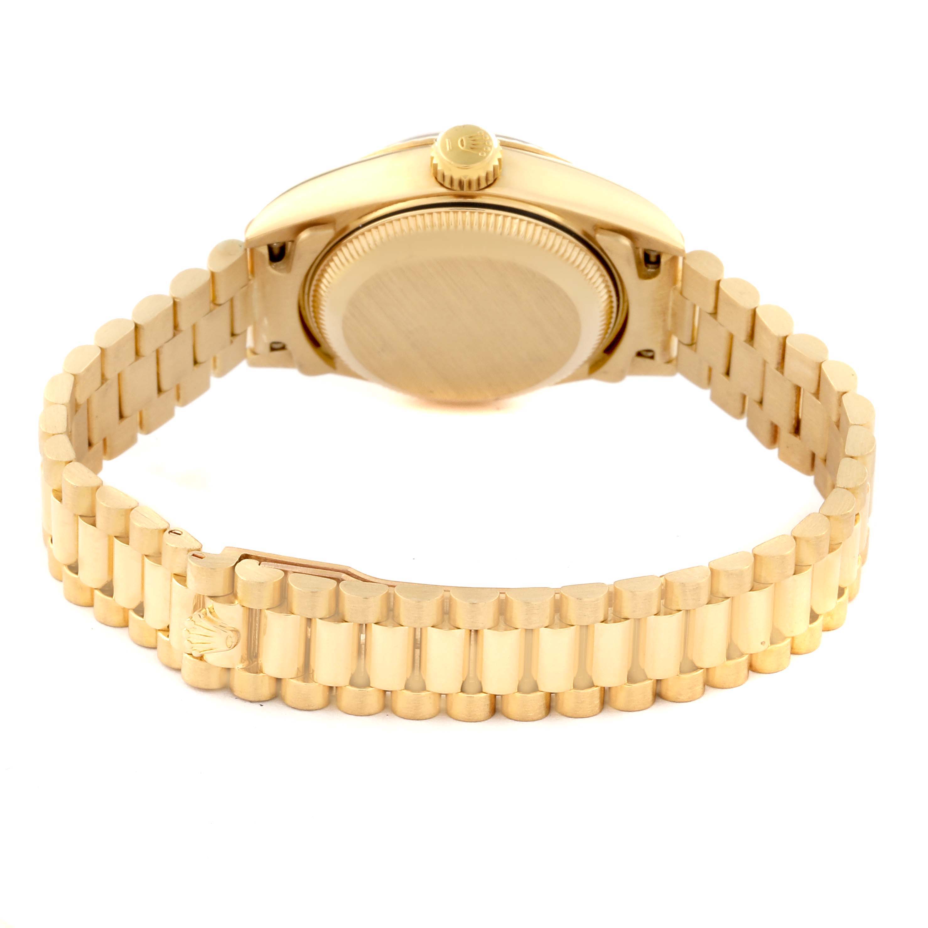 The image shows the back view of a Rolex President 69178 Women's Yellow Gold Champagne Dial 69178 Women's Yellow Gold Champagne Dial model watch, highlighting the case back, crown, and the President bracelet.