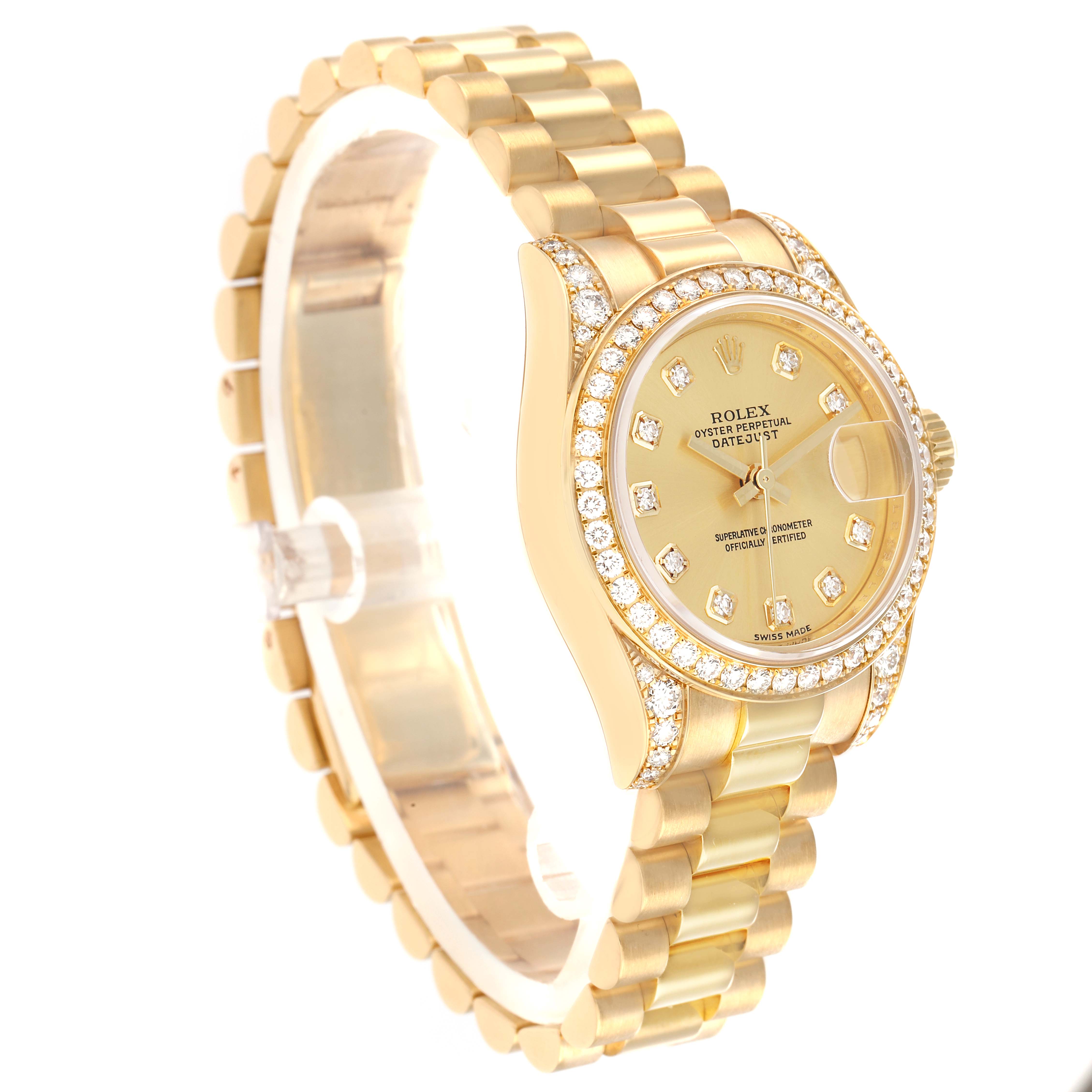 The Rolex Datejust 179158 Women
s Yellow Gold Champagne Dial watch is shown at a three-quarter angle, highlighting the bracelet, bezel, and dial.