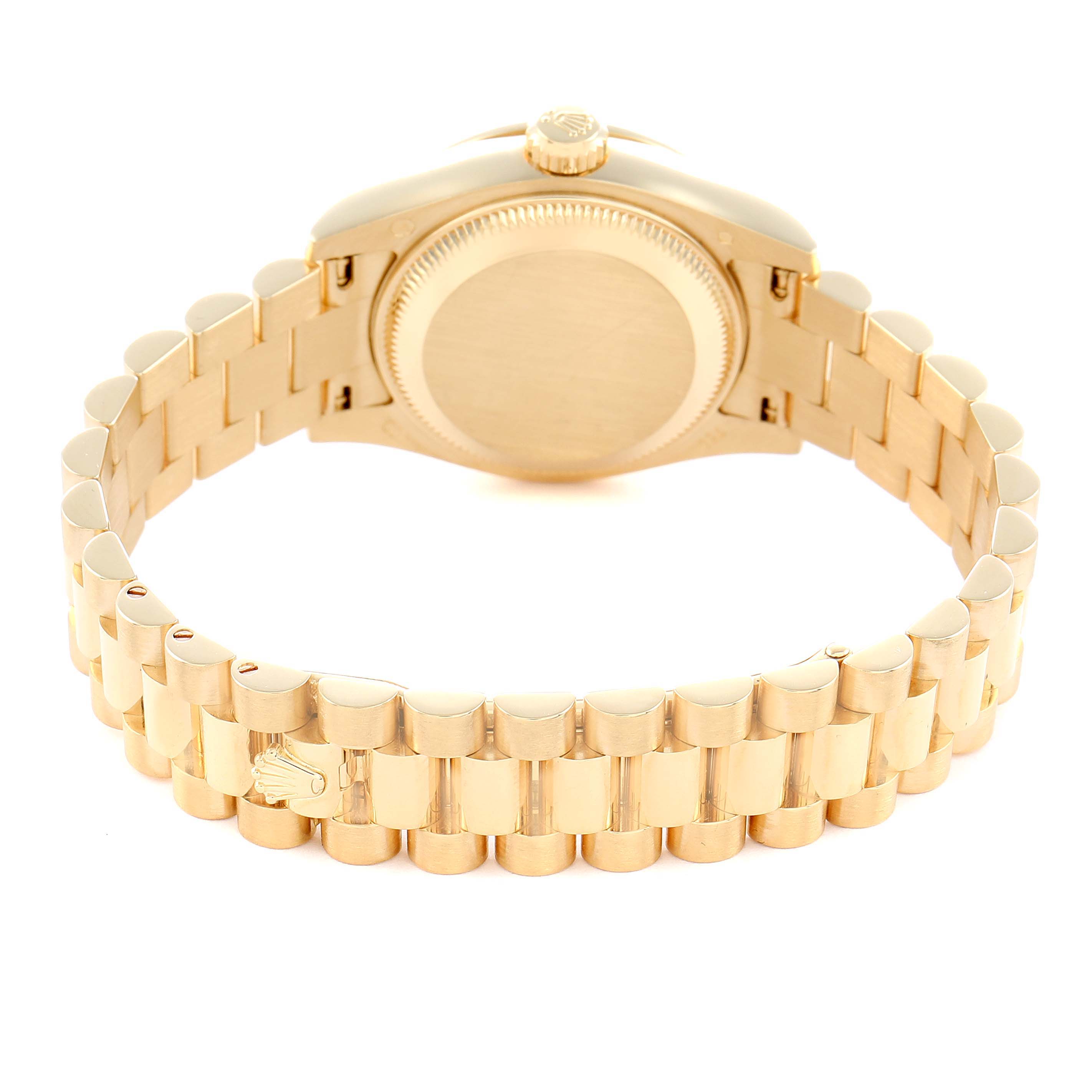 The image shows the back and bracelet of a Rolex Datejust 179158 Women
s Yellow Gold Champagne Dial watch from a rear angle.