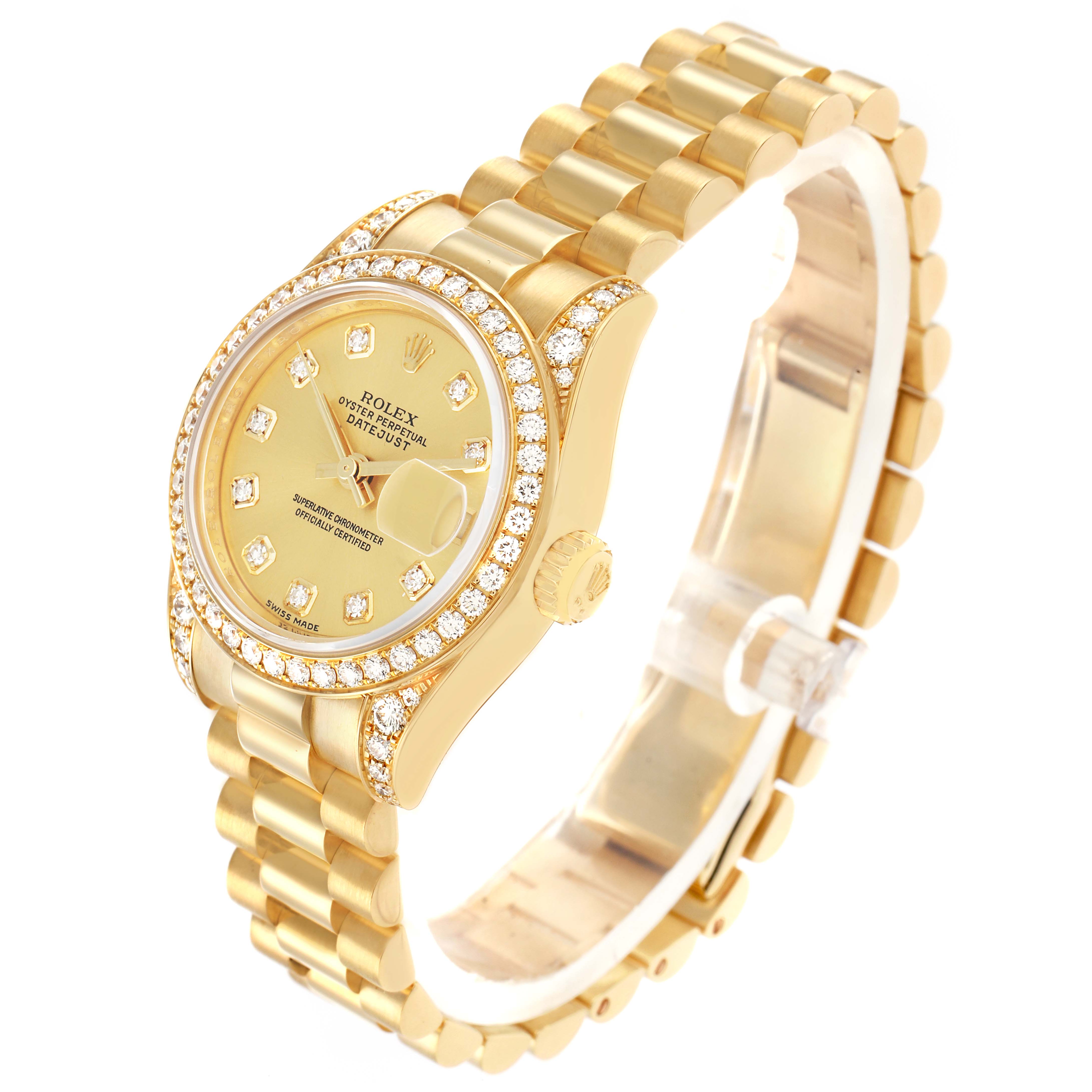 The Rolex Datejust 179158 Women
s Yellow Gold Champagne Dial watch is shown at a three-quarter angle, highlighting the gold bracelet, diamond bezel, and dial.