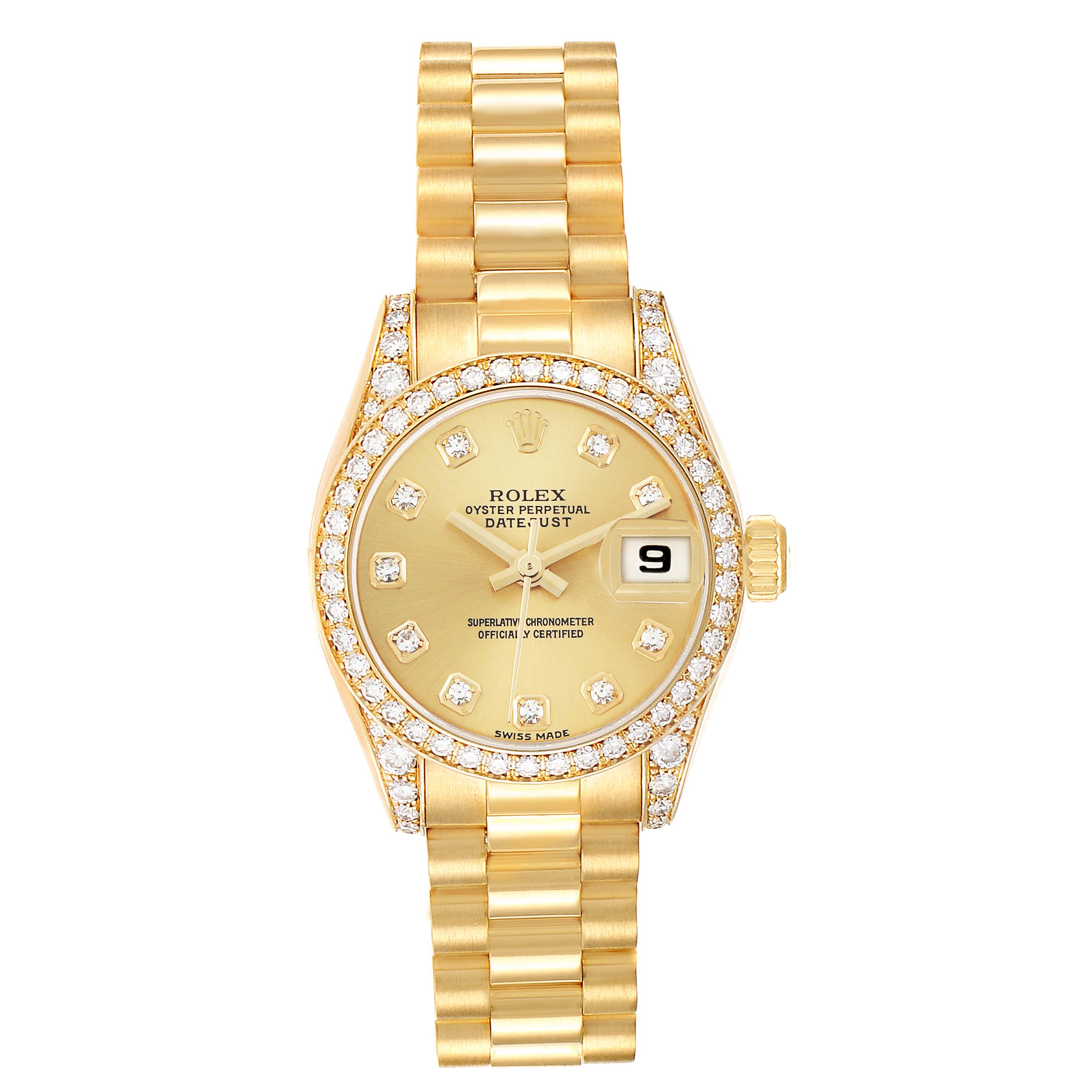 The Rolex Datejust 179158 Women
s Yellow Gold Champagne Dial watch is shown from a top view, displaying the diamond-set bezel, dial, and bracelet.
