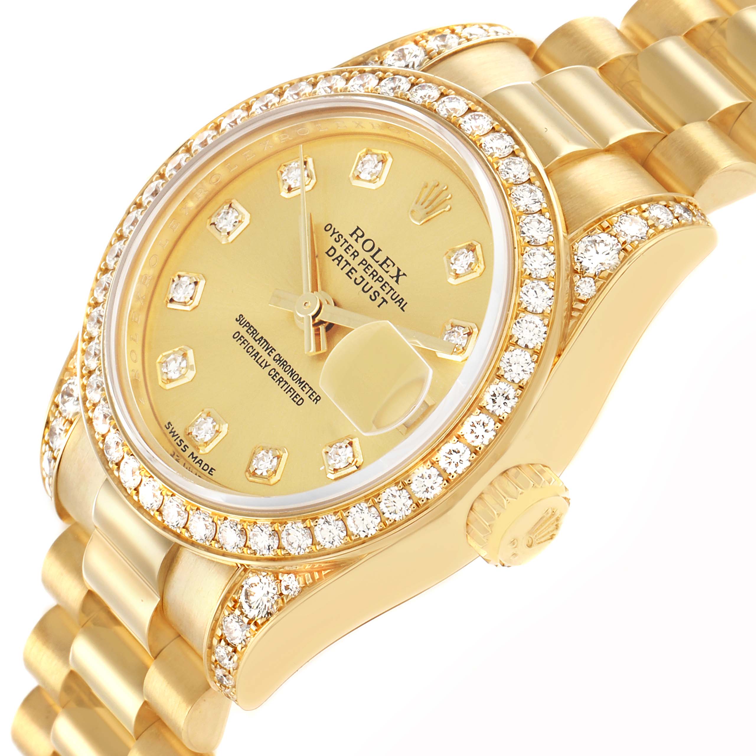 The Rolex Datejust 179158 Women
s Yellow Gold Champagne Dial watch is shown from an angled side view, highlighting the diamond-set bezel, dial, and jubilee bracelet.