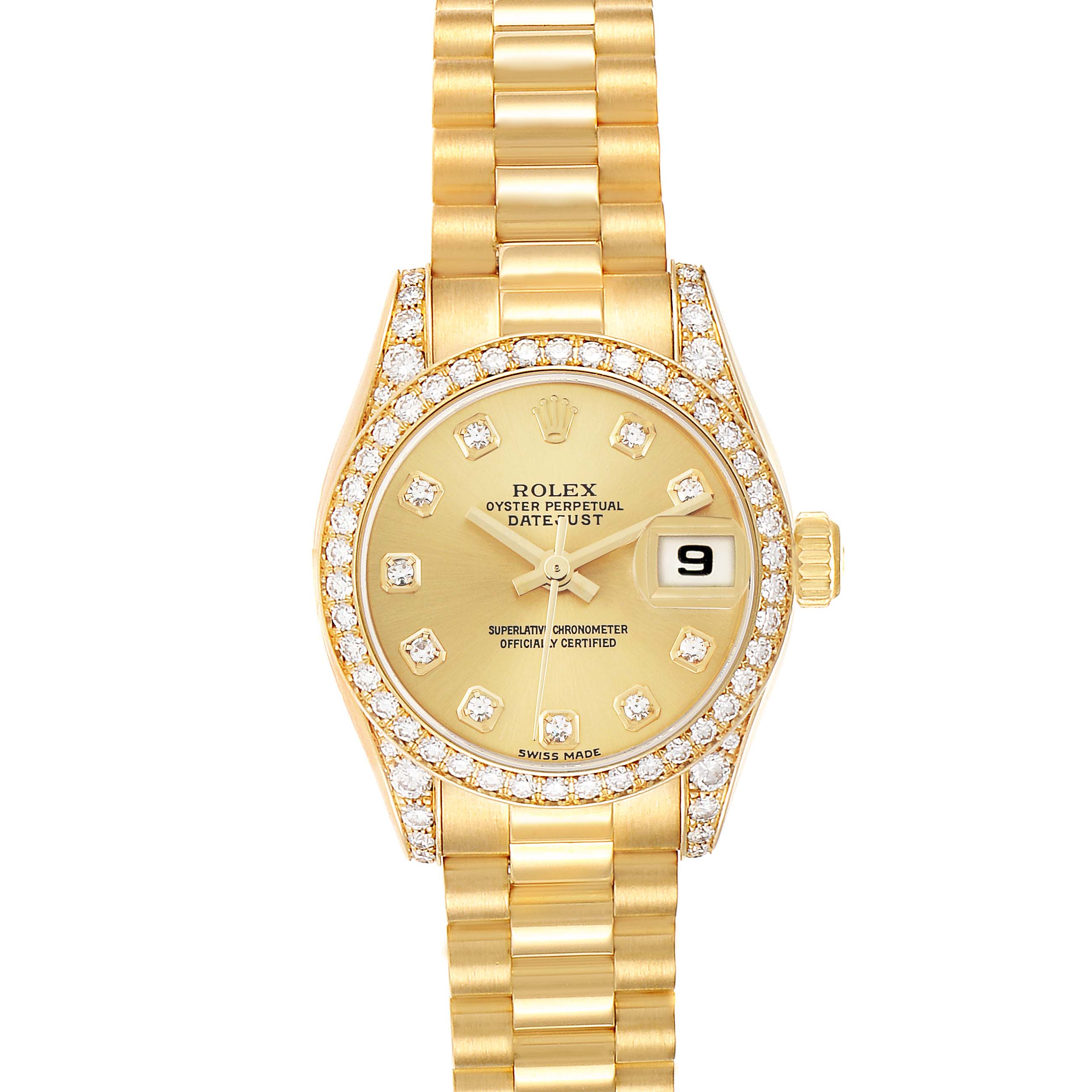 The Rolex Datejust 179158 Women
s Yellow Gold Champagne Dial watch is shown from a top-down angle, displaying the dial, bezel, bracelet, and crown.