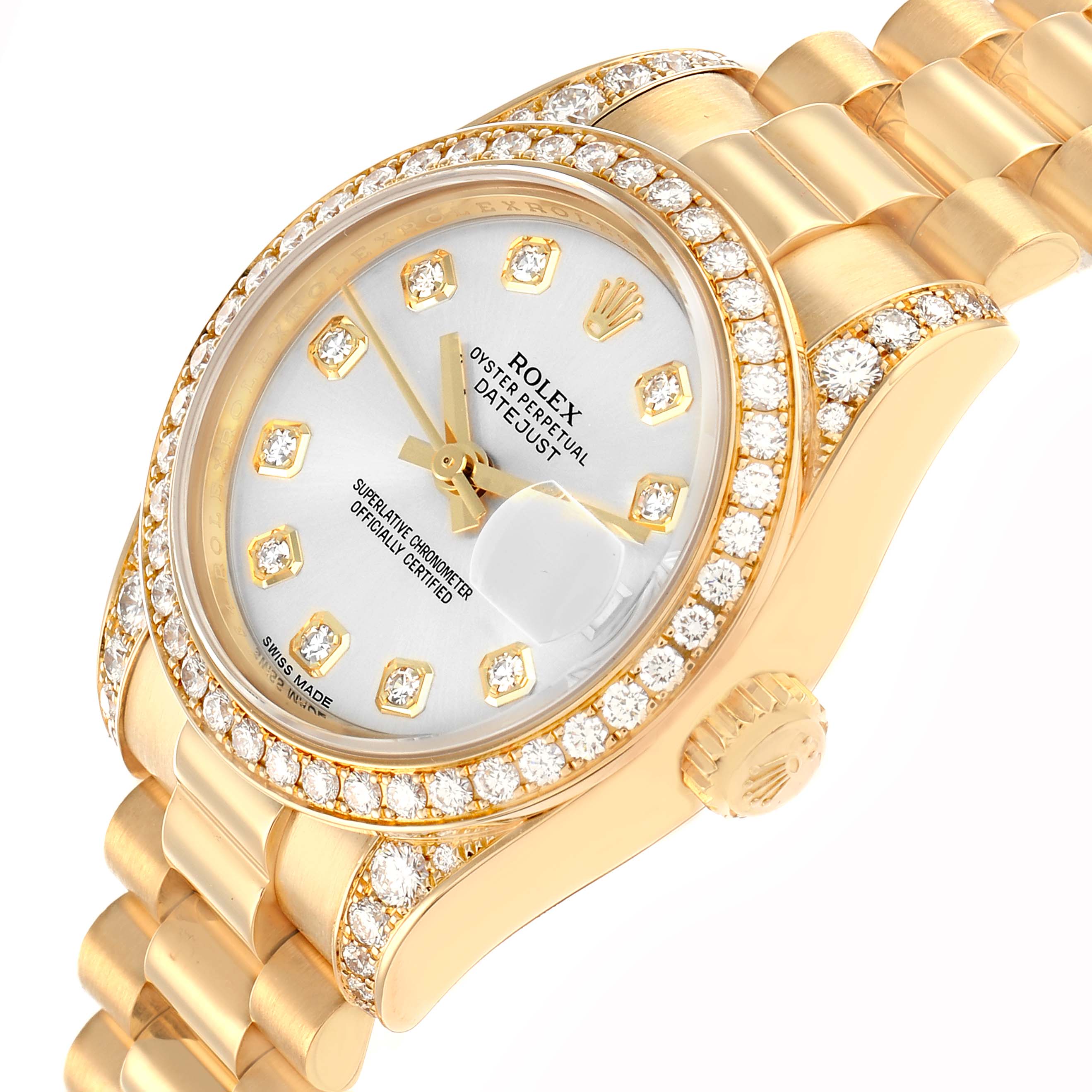 The Rolex President 179158 Women
s Yellow Gold Silver Dial model watch is shown at an angled close-up, highlighting its diamond-accented bezel, face, and bracelet.