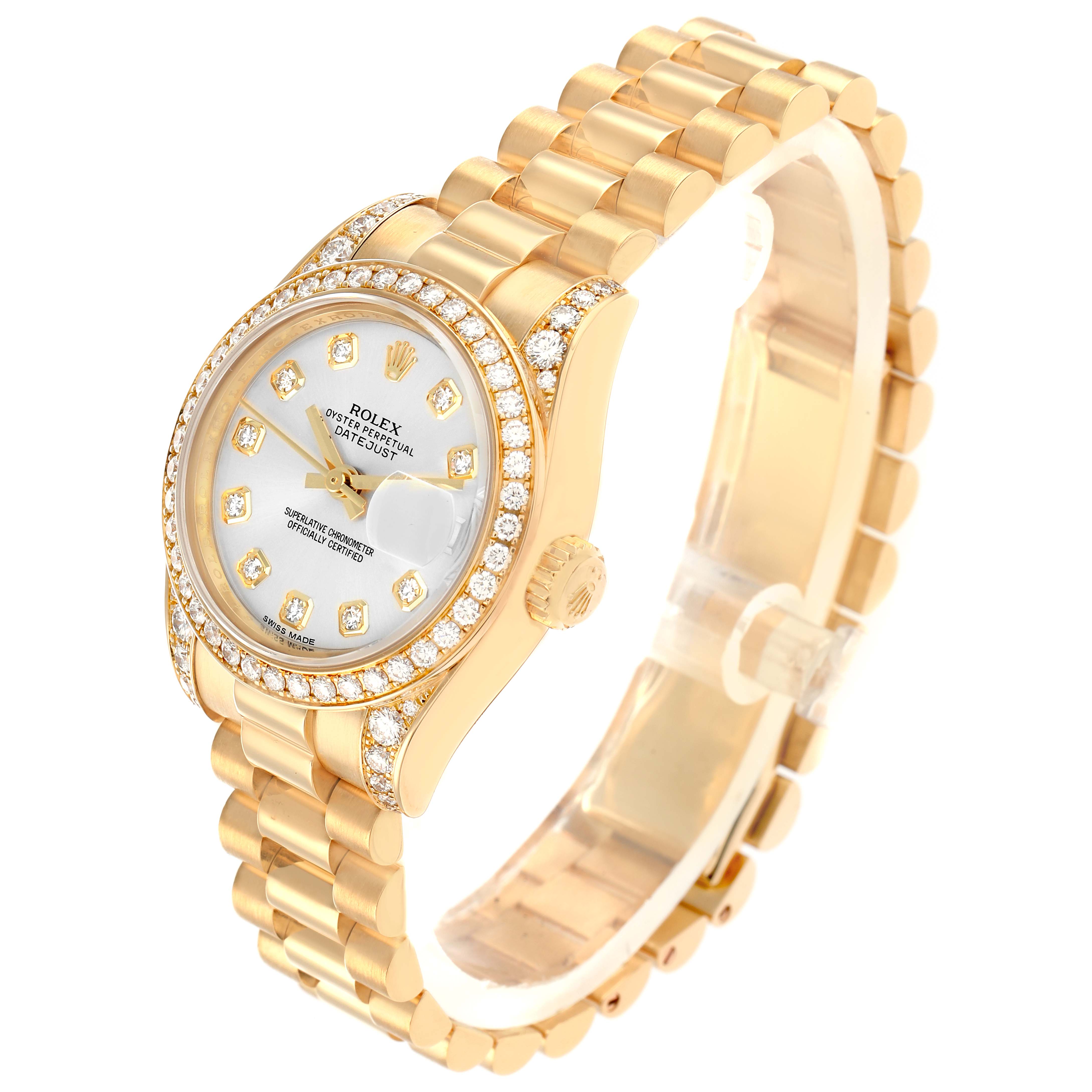 The Rolex President 179158 Women
s Yellow Gold Silver Dial model is shown at a slight angle highlighting the diamond-studded bezel, dial, and bracelet.