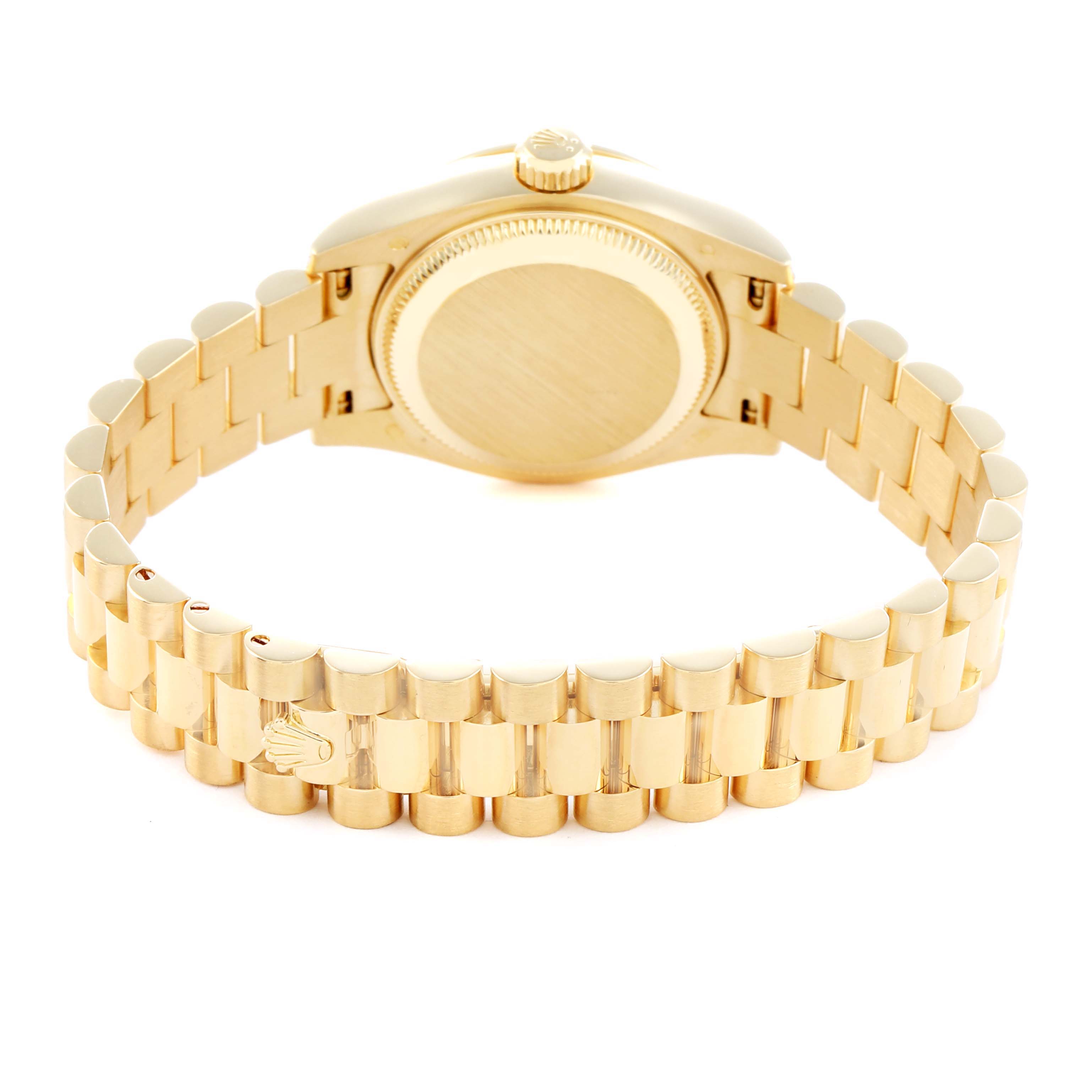 The Rolex President 179158 Women
s Yellow Gold Silver Dial watch is shown from the back, highlighting its gold bracelet and closed case back.