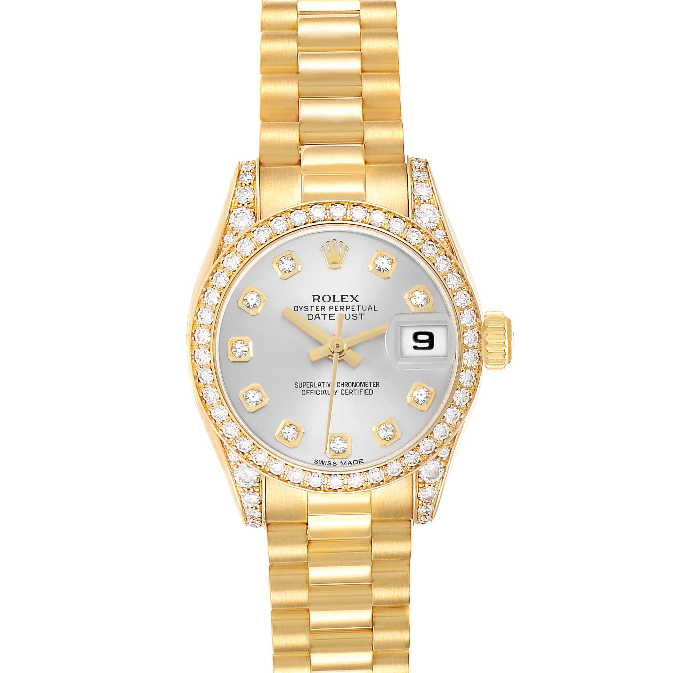 The Rolex President 179158 Women
s Yellow Gold Silver Dial model is shown from a top-down angle, displaying the dial, bracelet, bezel with diamonds, and date feature.