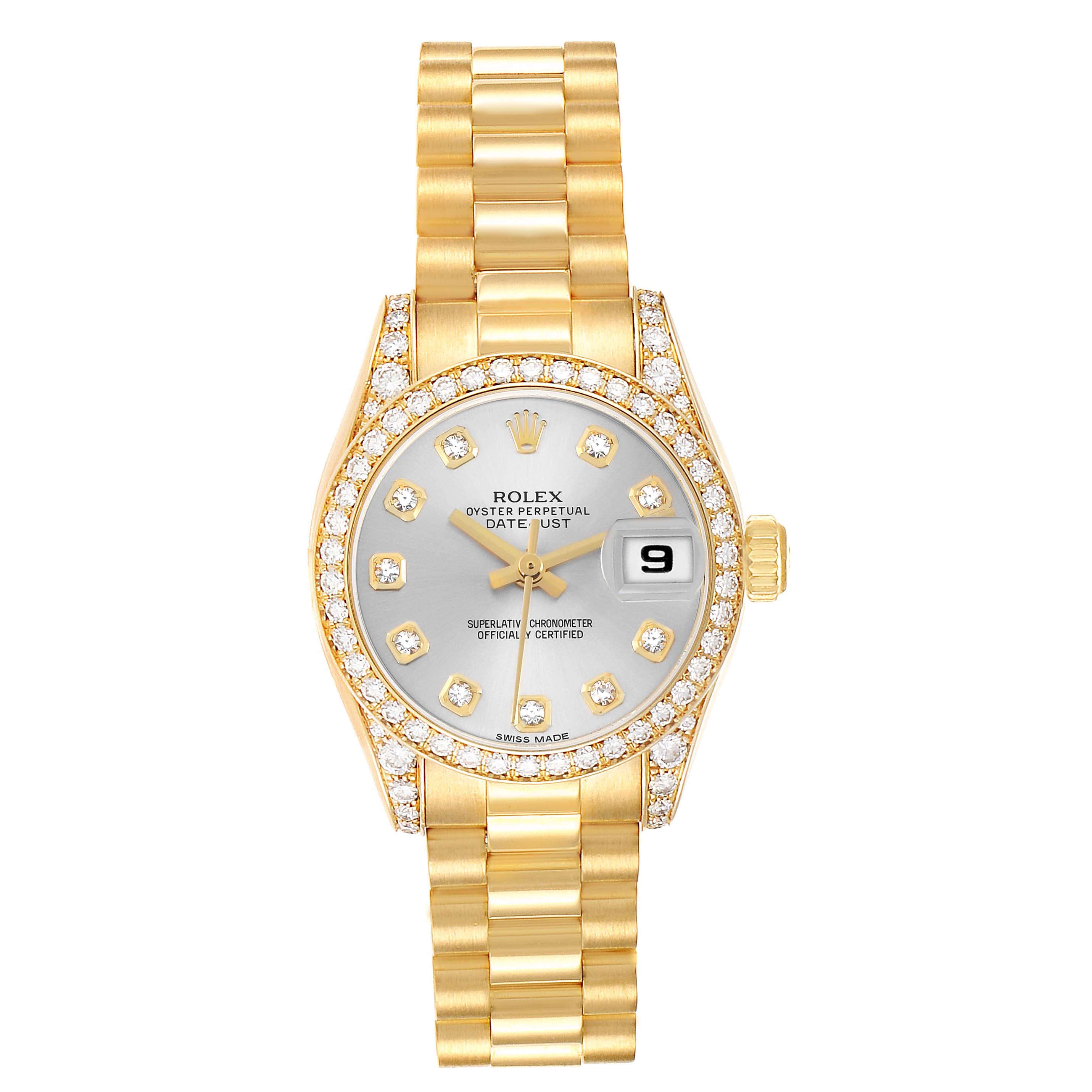 The Rolex President 179158 Women
s Yellow Gold Silver Dial model is shown from the front, displaying the gold bracelet, diamond bezel, dial, and date window.