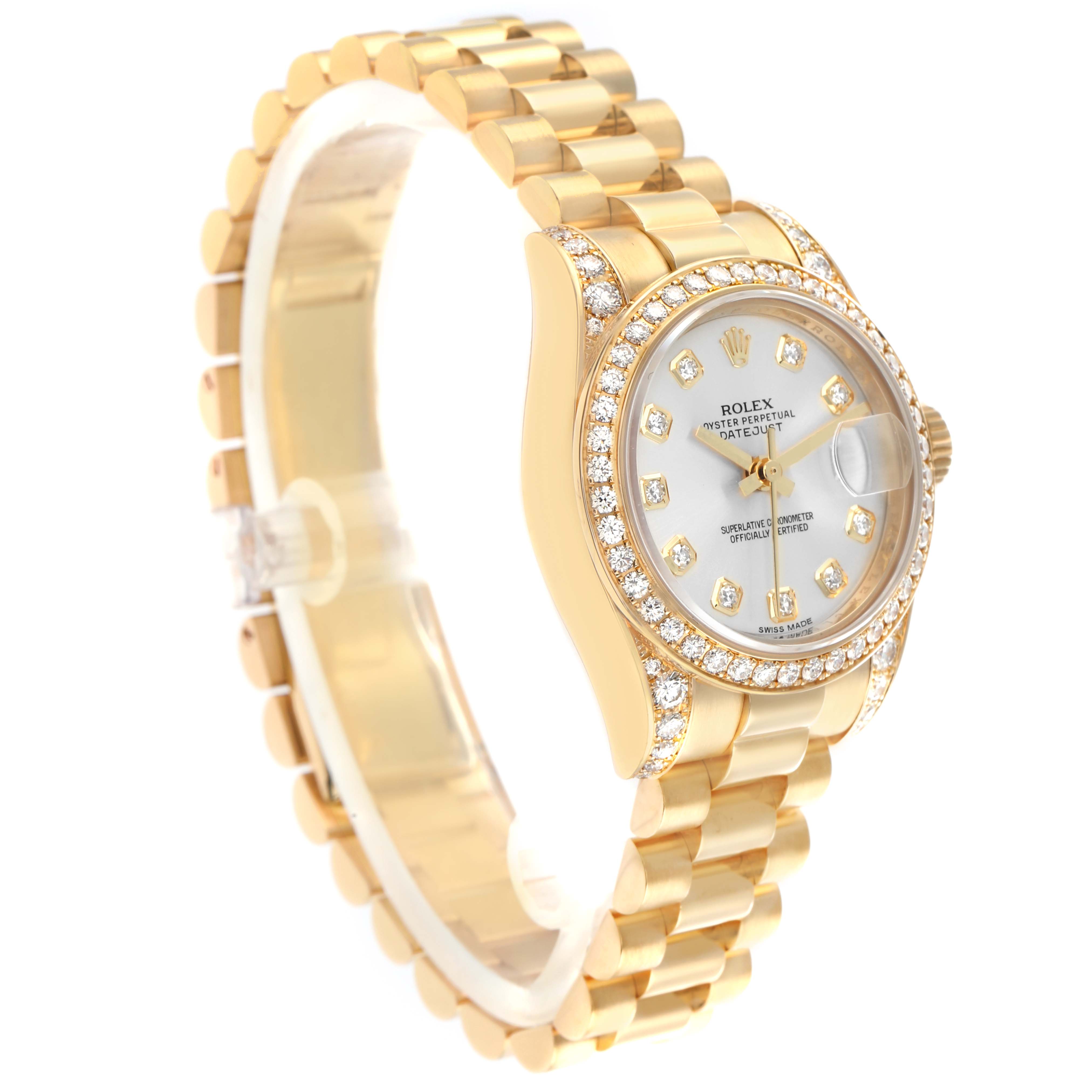 The Rolex President 179158 Women
s Yellow Gold Silver Dial model is shown at a three-quarter angle, highlighting its diamond-set bezel, dial, and gold bracelet.