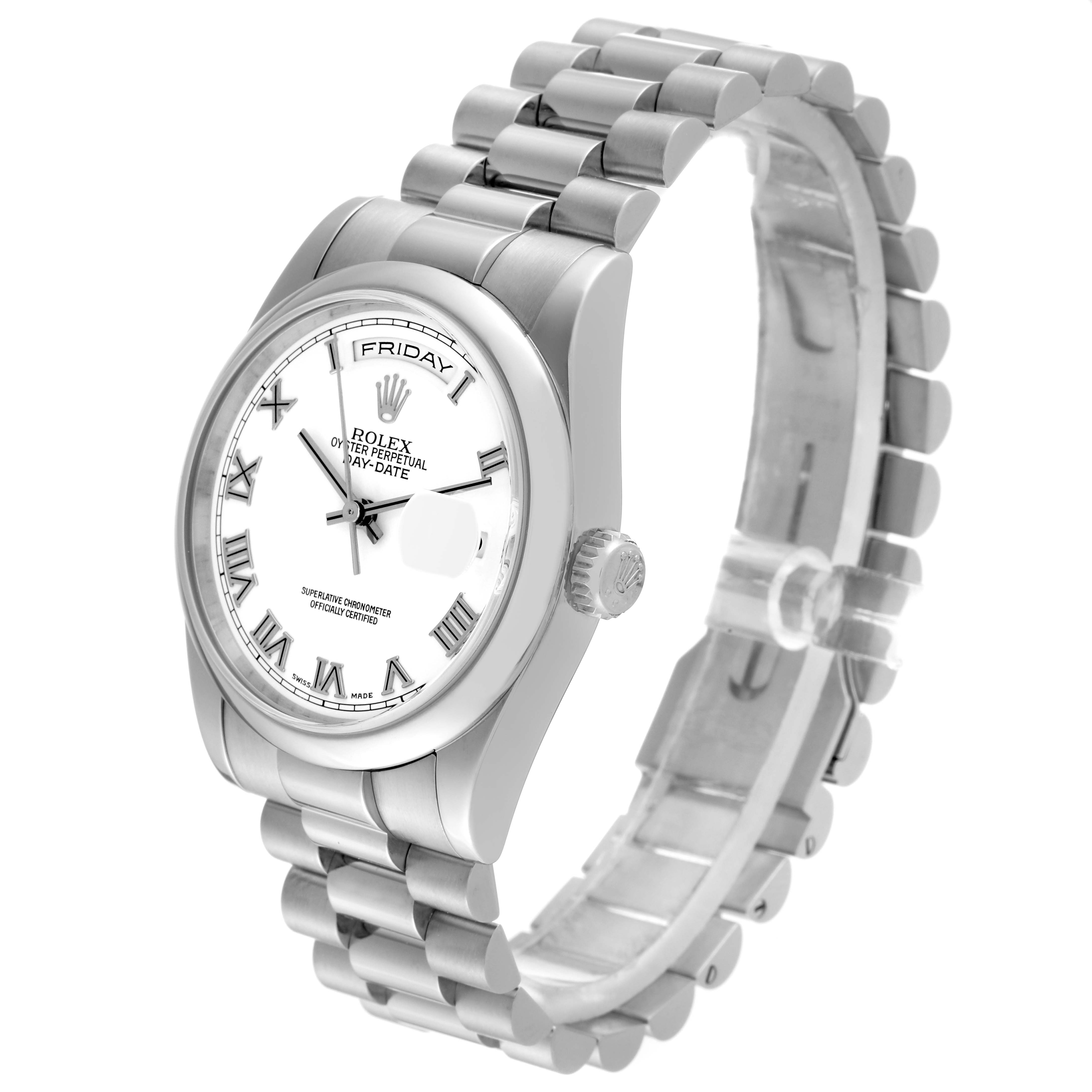 The Rolex President 118209 Men's White Gold White Dial 118209 Men's White Gold White Dial model watch is shown at a three-quarter angle, including the face, bracelet, and crown.