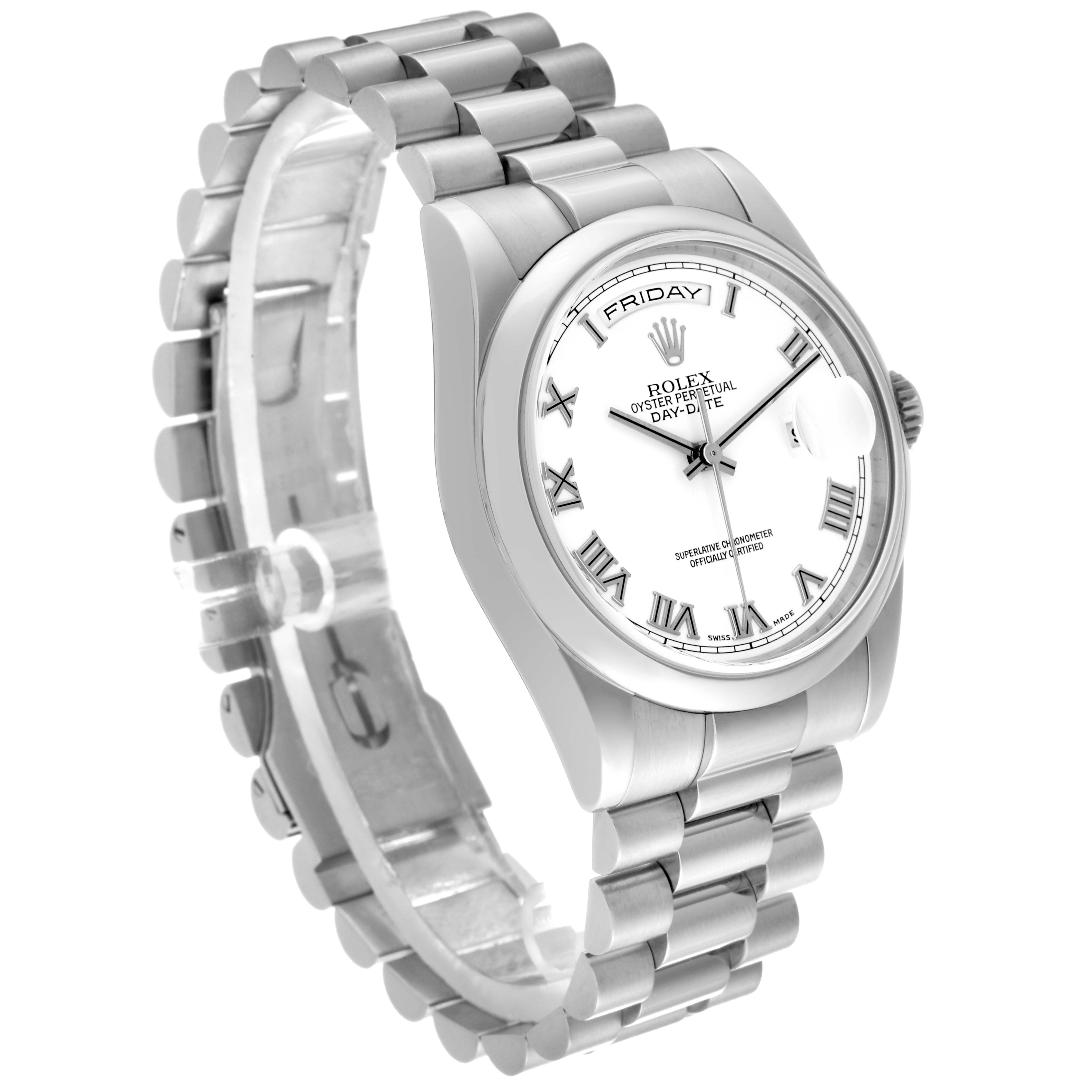 This image shows a Rolex President 118209 Men's White Gold White Dial 118209 Men's White Gold White Dial model from an angled side view, highlighting the bracelet, case, and dial.
