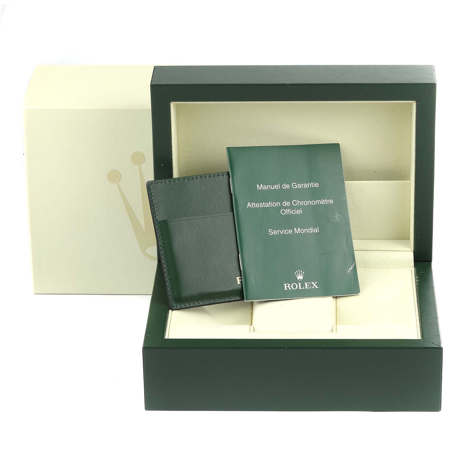 The image shows a box and accessories for a Rolex President 118209 Men's White Gold White Dial 118209 Men's White Gold White Dial model, including the manual and warranty card holder.