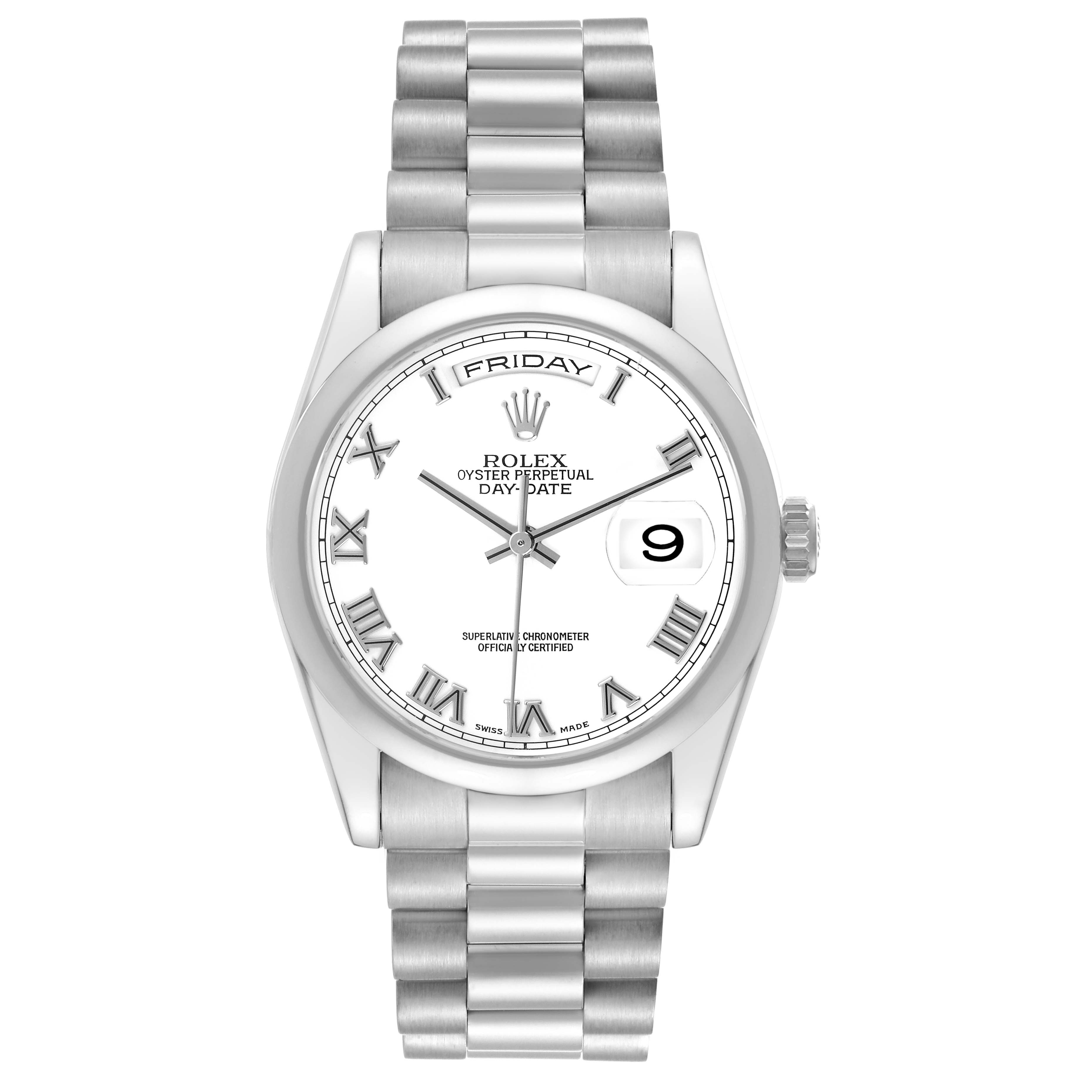 This image shows a front view of the Rolex President 118209 Men's White Gold White Dial 118209 Men's White Gold White Dial Oyster Perpetual Day-Date watch, displaying the bracelet, bezel, dial, and the day and date windows.