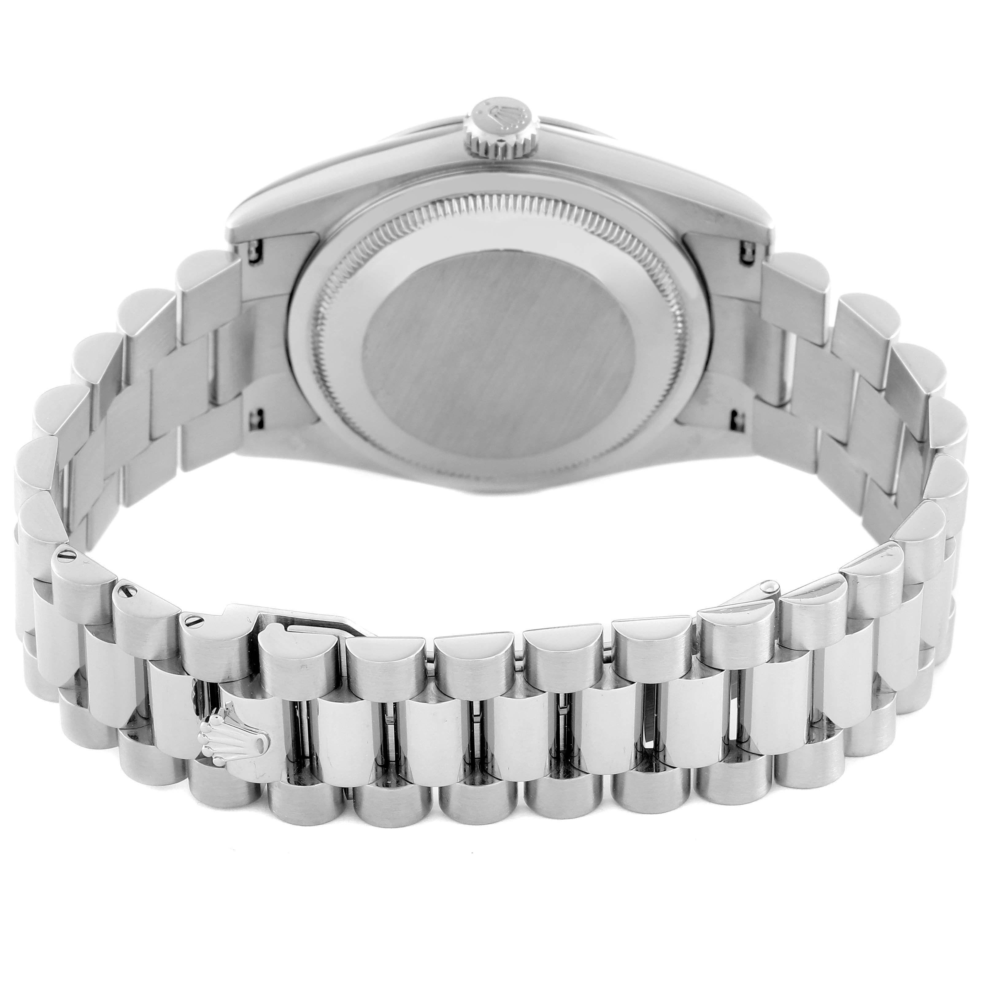 The image shows the back view of a Rolex President 118209 Men's White Gold White Dial 118209 Men's White Gold White Dial model watch, highlighting the closed case back and bracelet.