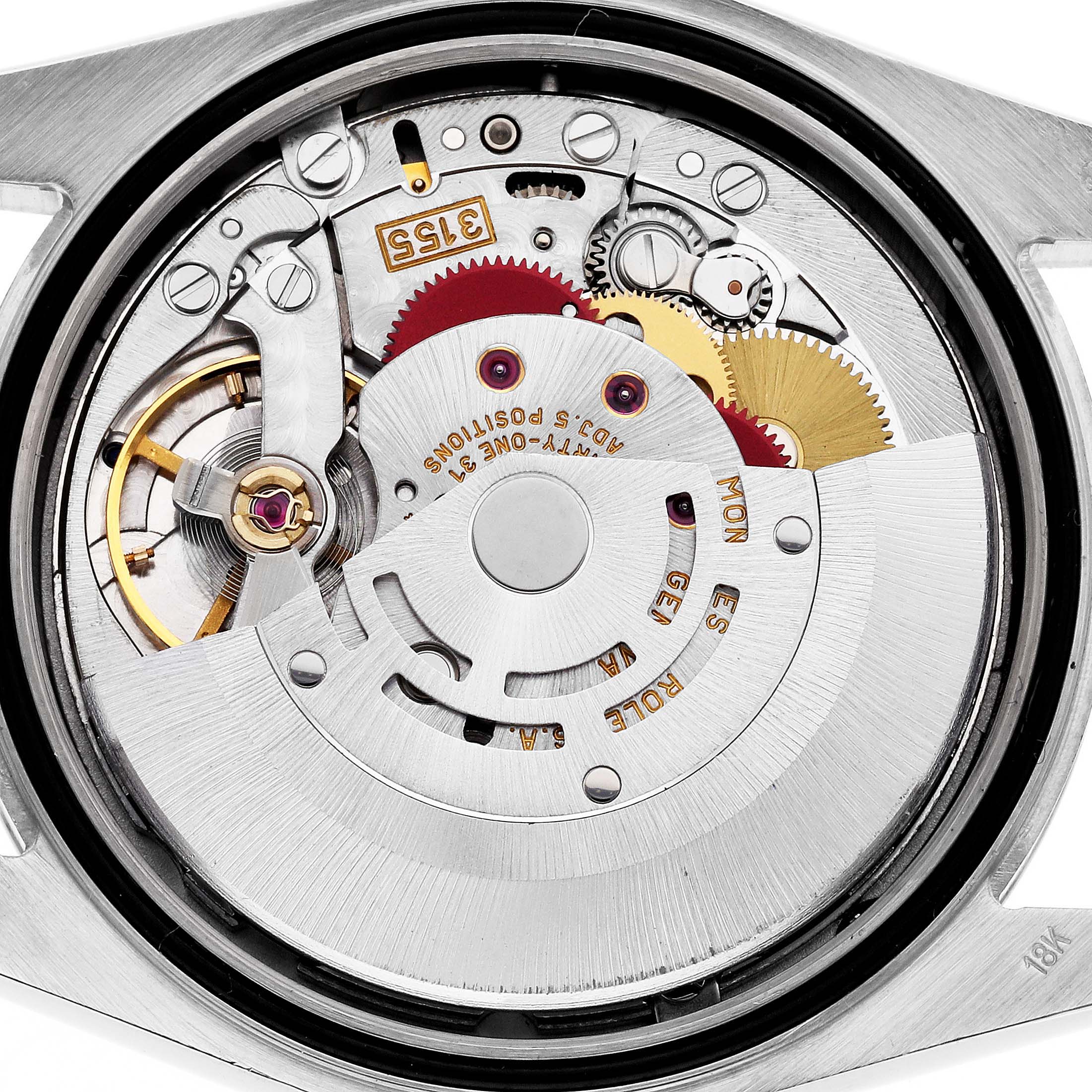 The image shows the internal movement mechanism of a Rolex President 118209 Men's White Gold White Dial 118209 Men's White Gold White Dial model, viewed from the back.