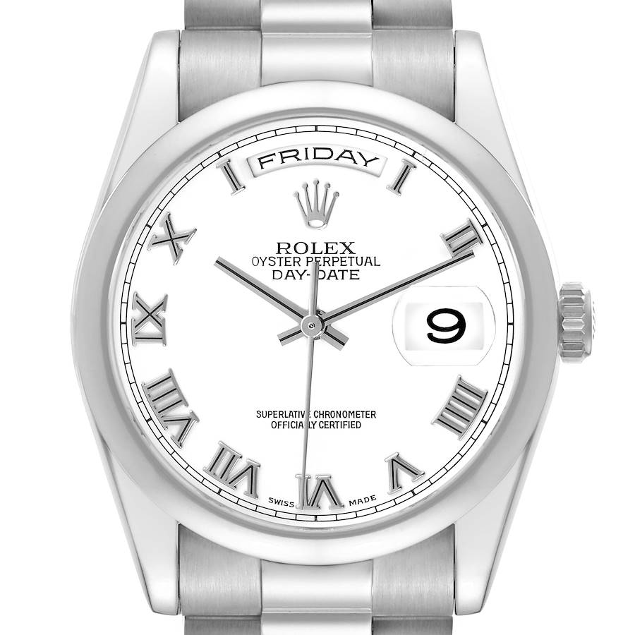 Rolex President Day-Date 18k White Gold Roman Dial Mens Watch 118209 SwissWatchExpo