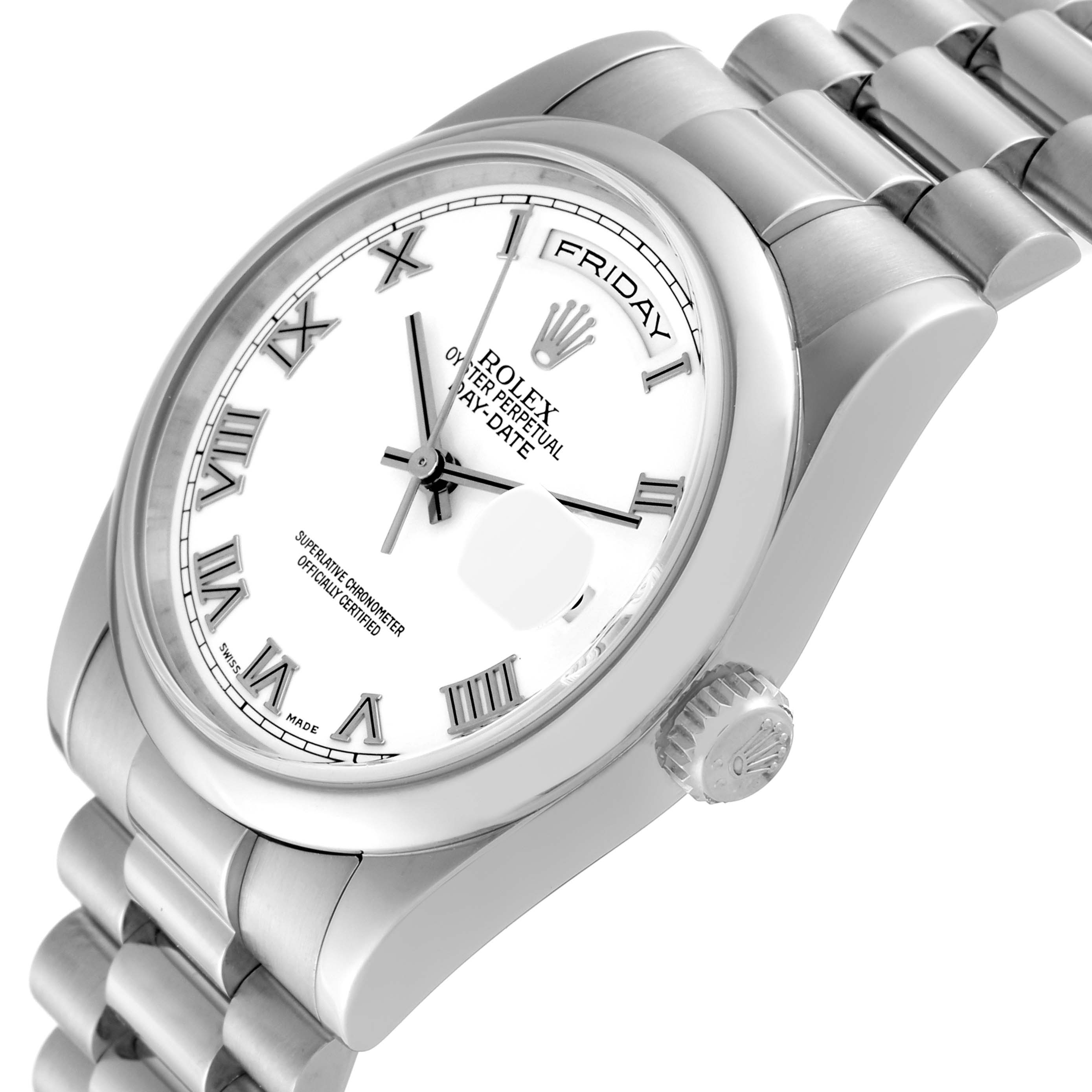The Rolex President 118209 Men's White Gold White Dial 118209 Men's White Gold White Dial model watch is shown at a slight angle, displaying the face, crown, bracelet, and part of the case.