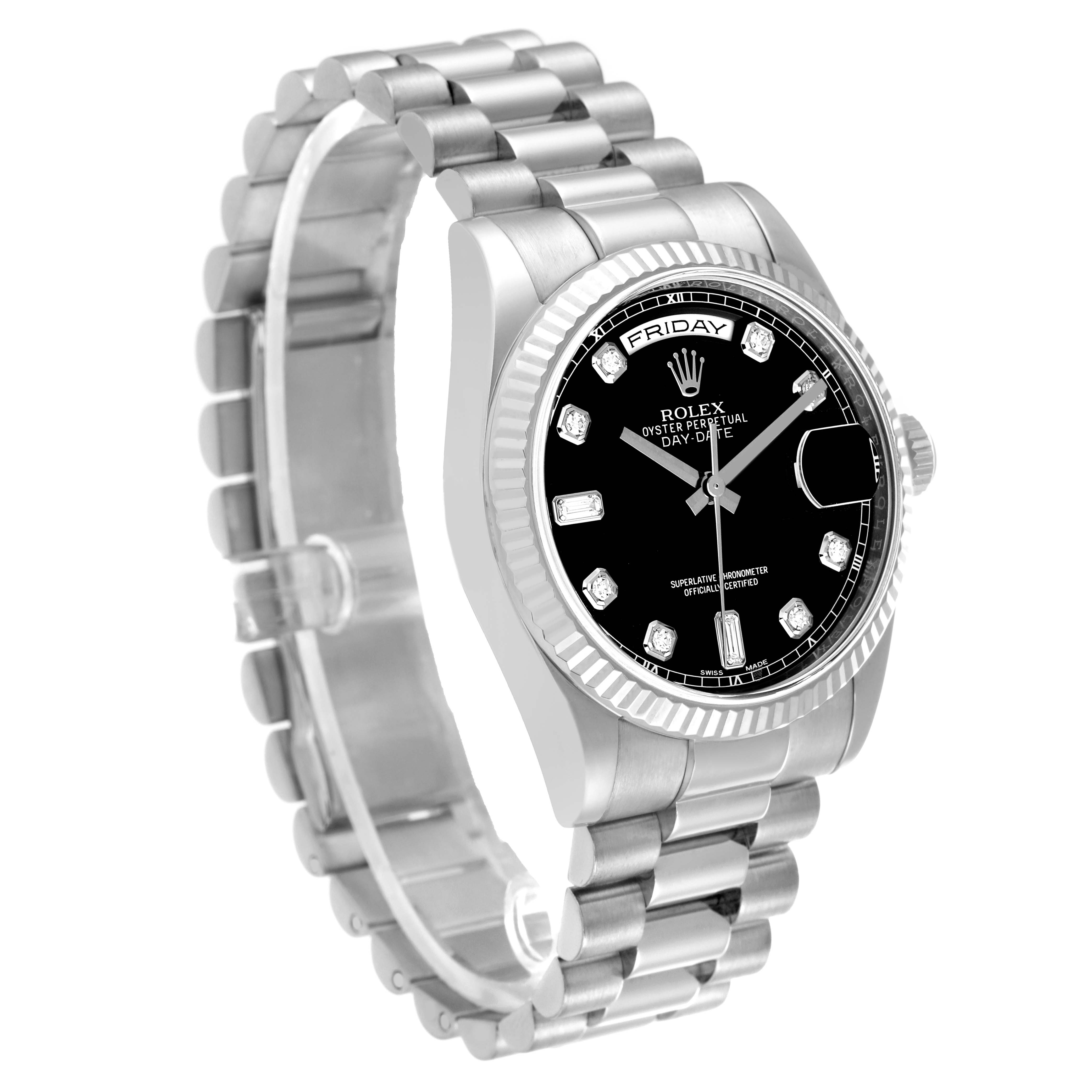 This image shows a Rolex President 118239 Men's White Gold Black Dial 118239 Men's White Gold Black Dial model watch with a black dial, diamond hour markers, and a metal bracelet from a front-side angle.