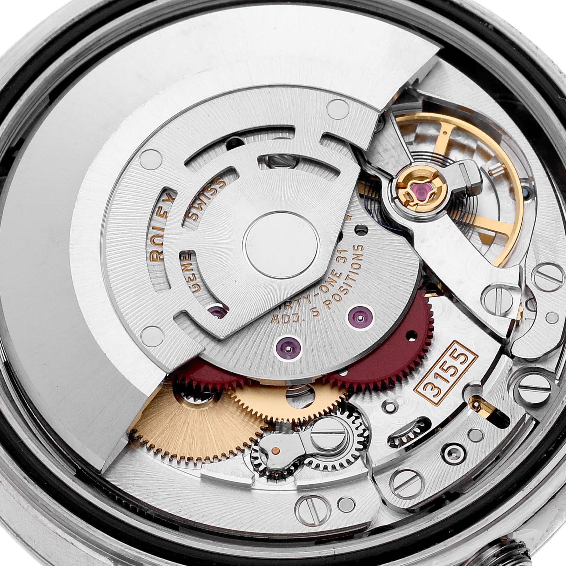 This image shows a close-up of the Rolex President 118239 Men's White Gold Black Dial 118239 Men's White Gold Black Dial model's movement components from a rear angle.