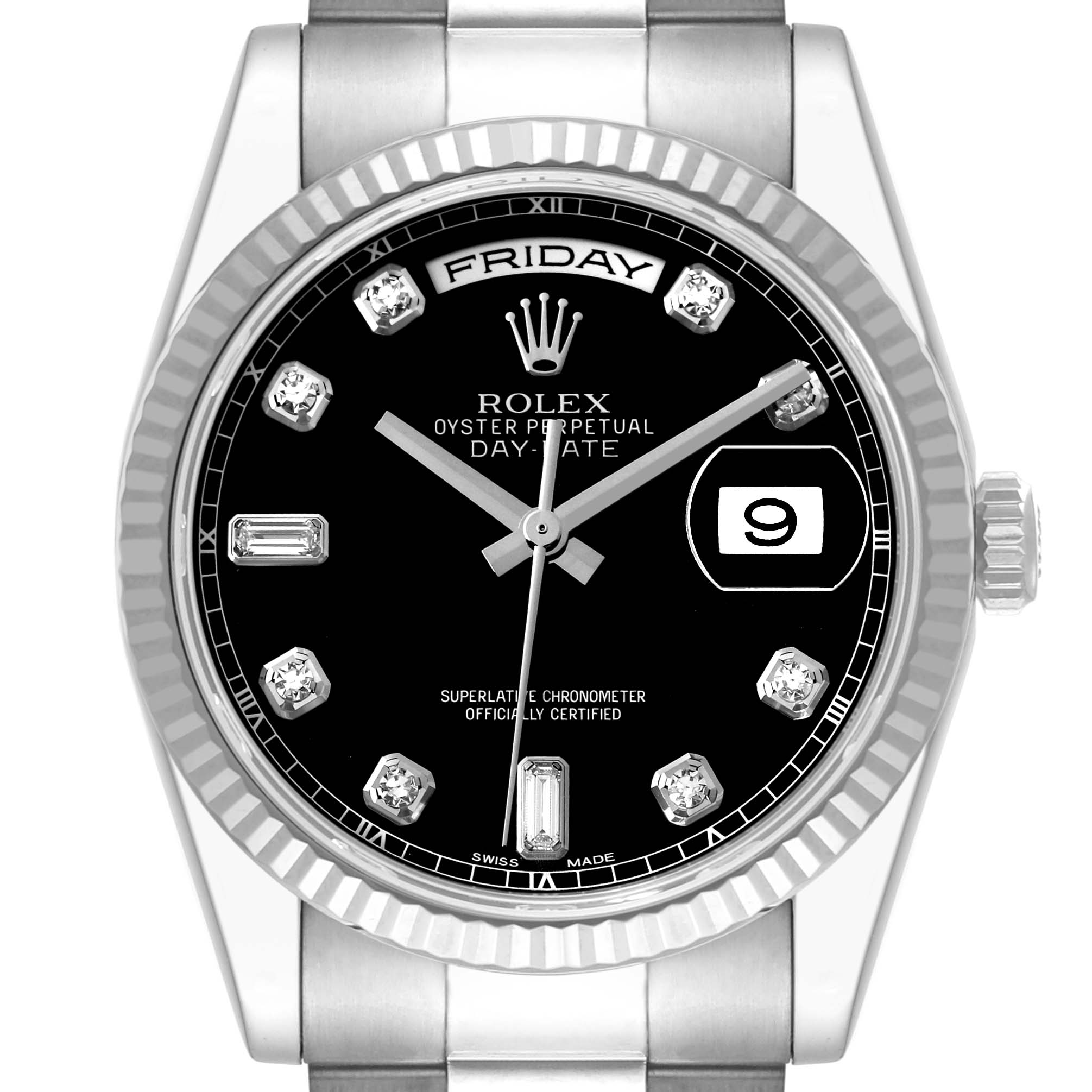 The image shows a close-up front view of a Rolex President 118239 Men's White Gold Black Dial 118239 Men's White Gold Black Dial model watch, highlighting the dial, hands, date, and day display.